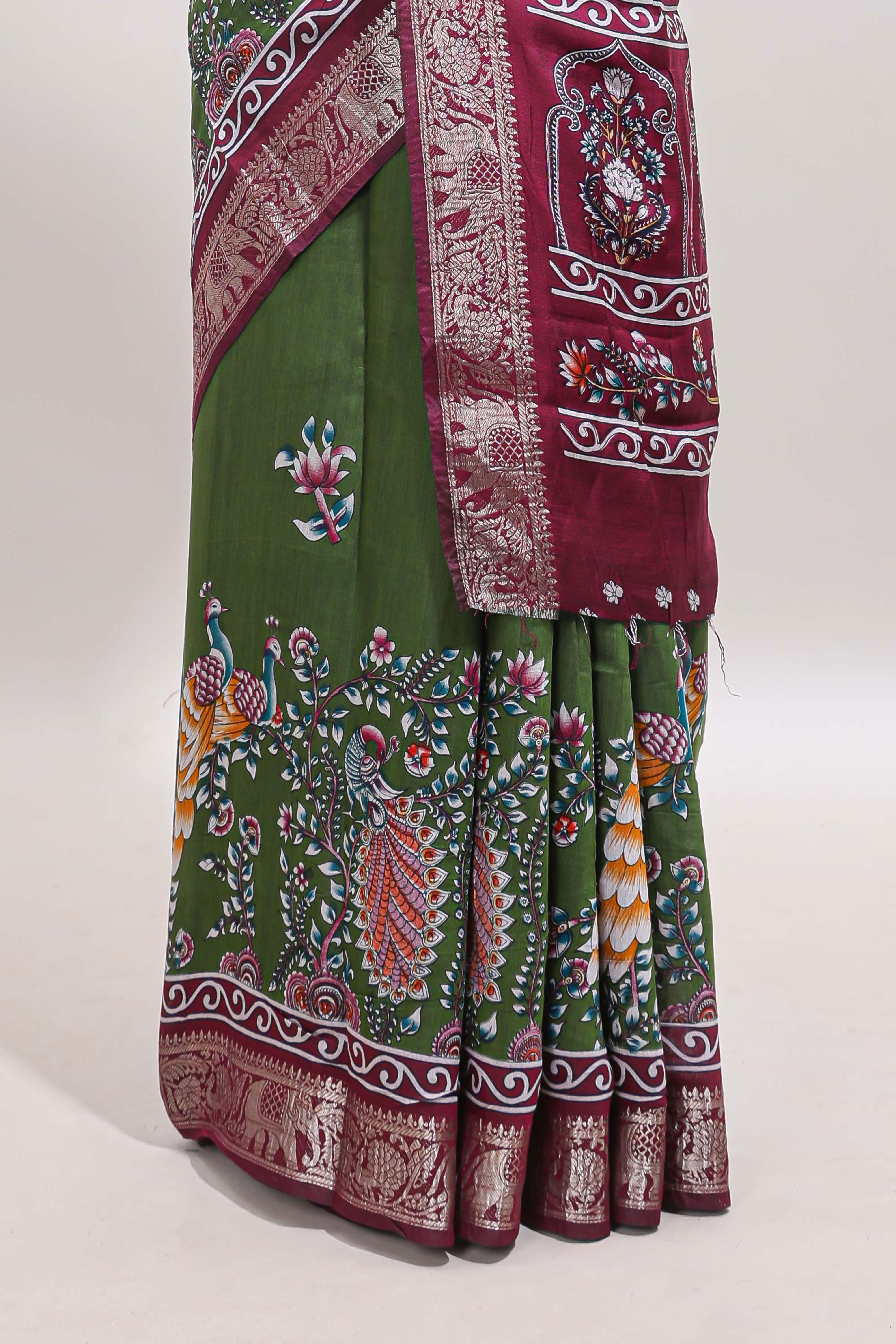 Green peacock & floral design marsh mellow saree with contrast border and printed blouse