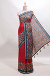 Red mirror work marsh mellow saree with contrast floral print border and printed blouse