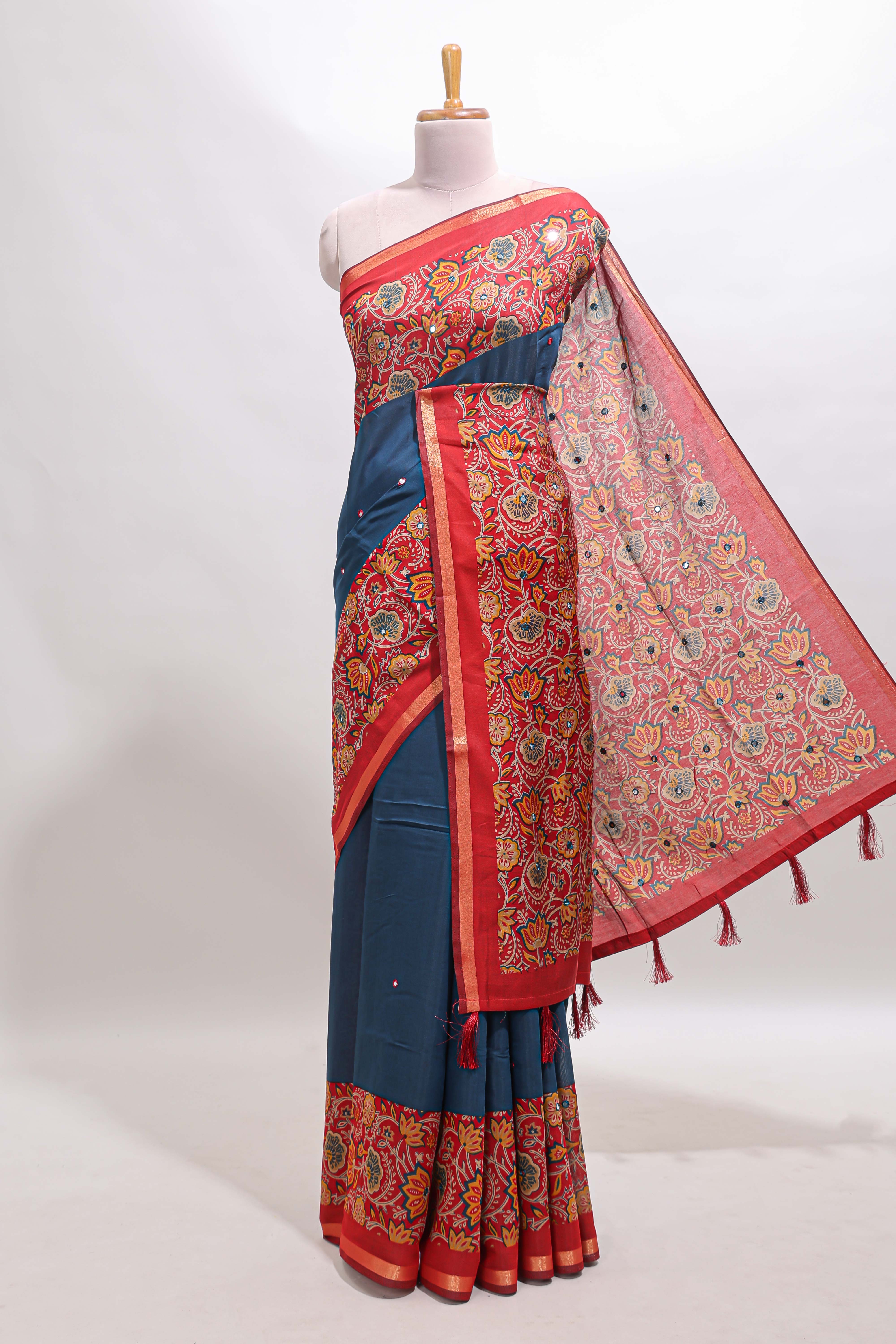 Blue mirror work marsh mellow saree with contrast floral print border and printed blouse