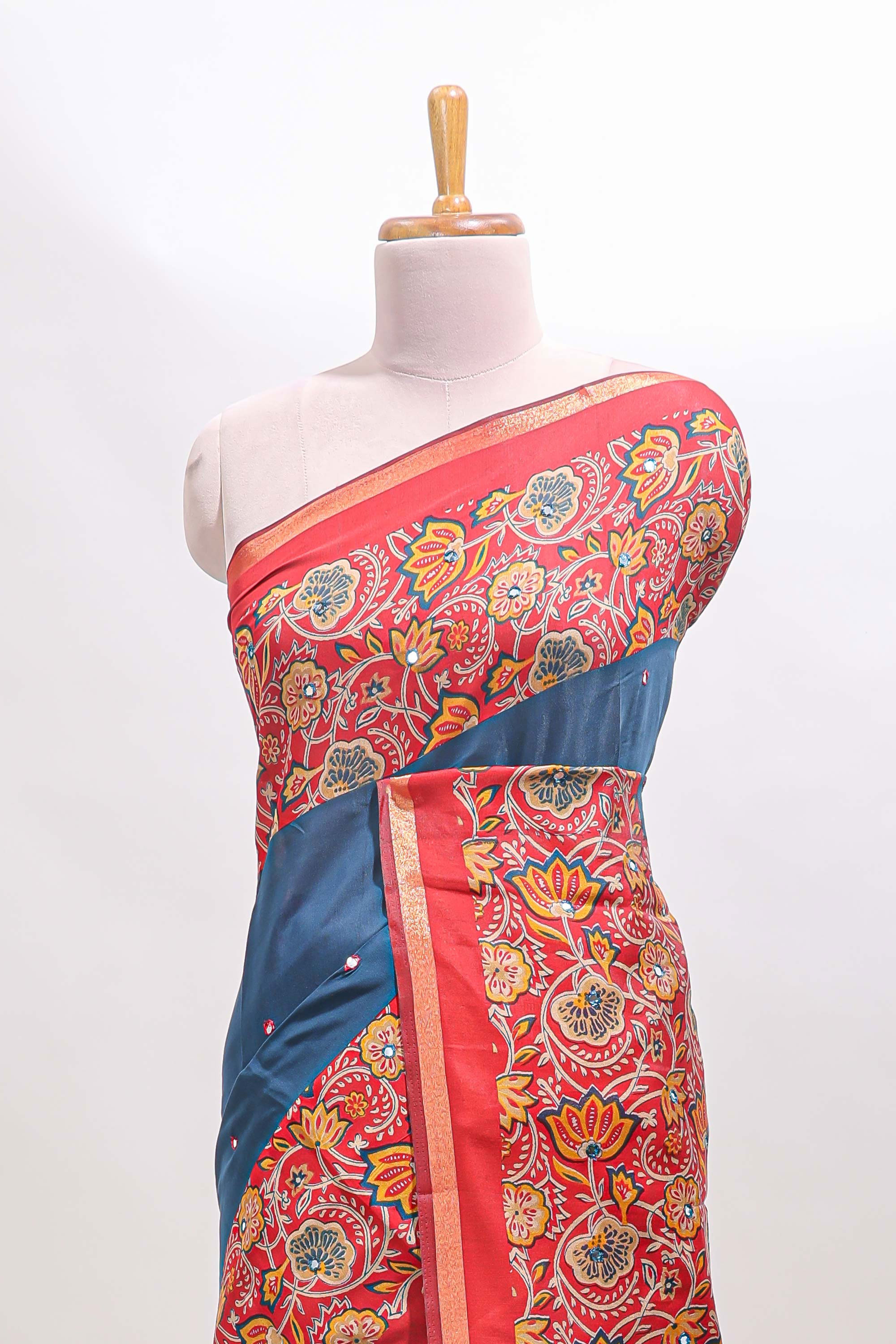 Blue mirror work marsh mellow saree with contrast floral print border and printed blouse