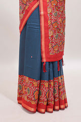 Blue mirror work marsh mellow saree with contrast floral print border and printed blouse