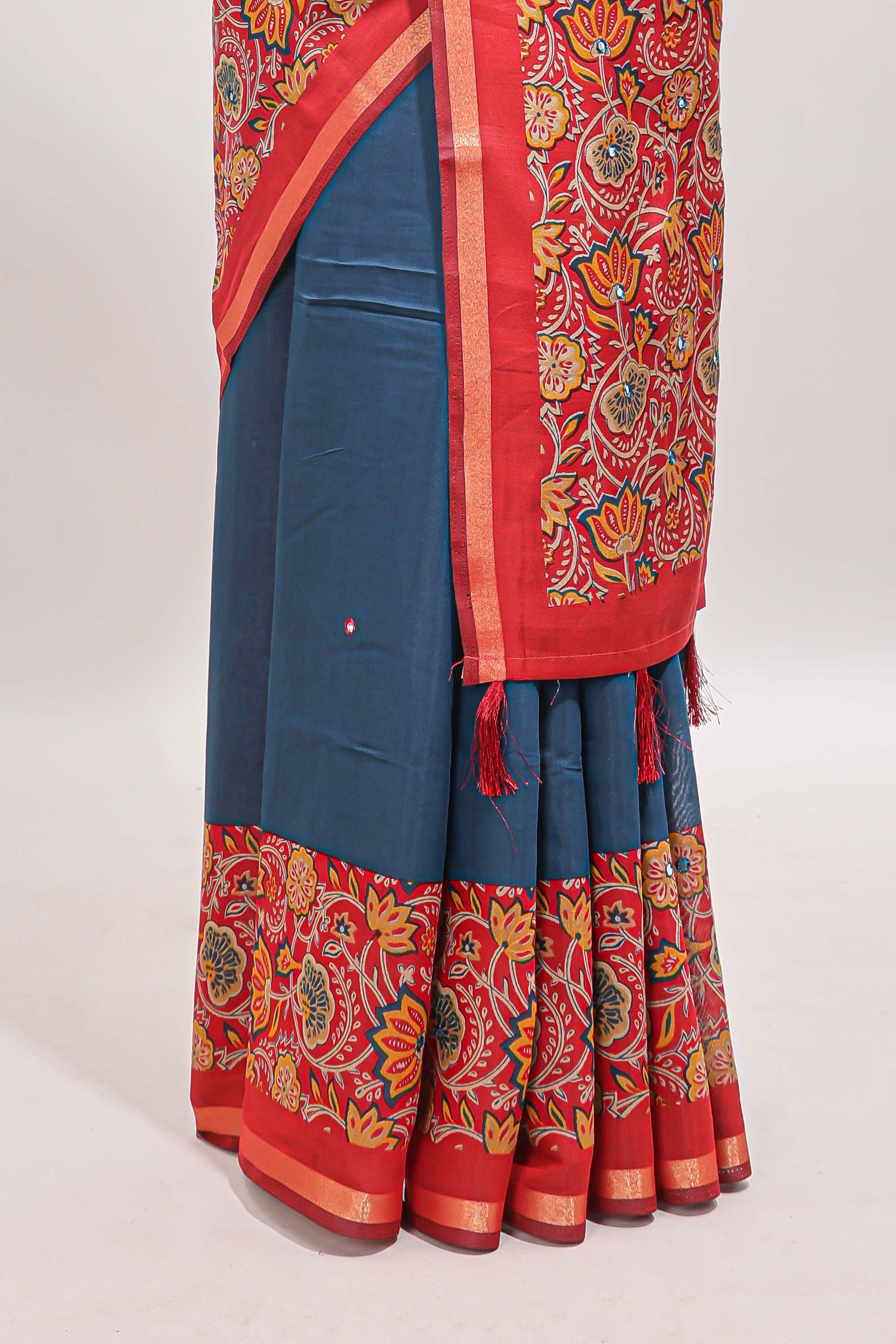 Blue mirror work marsh mellow saree with contrast floral print border and printed blouse