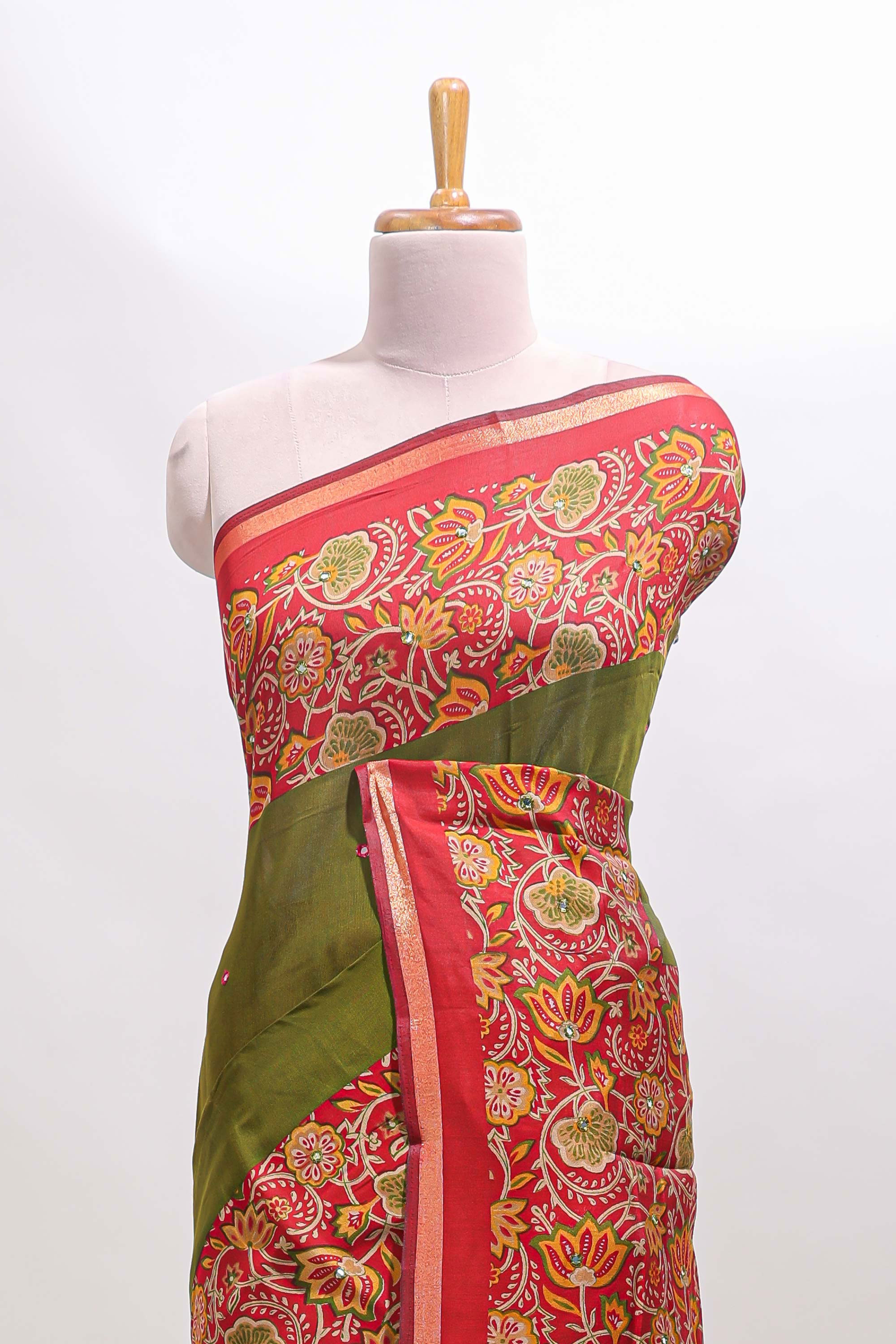 Green mirror work marsh mellow saree with contrast floral print border and printed blouse