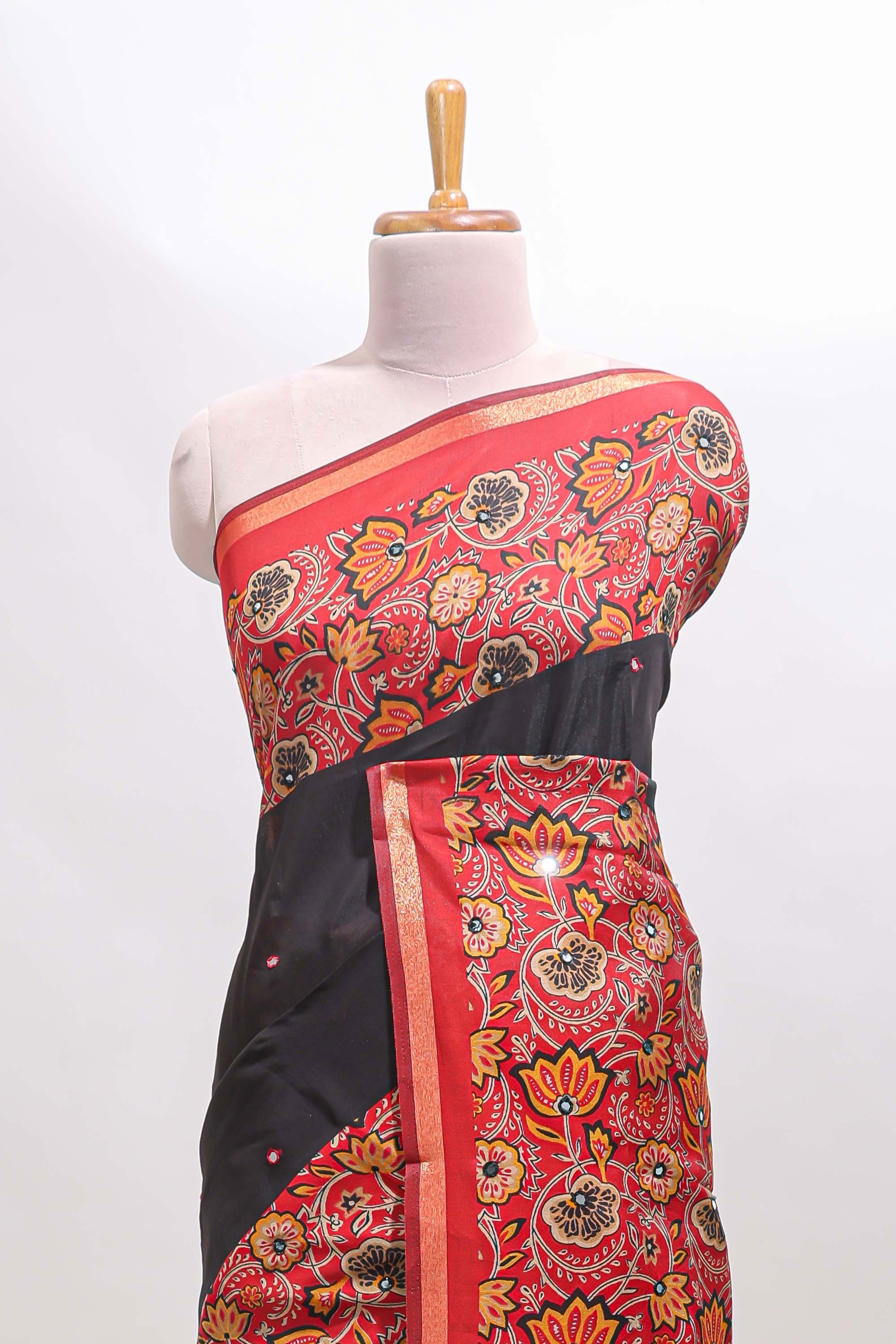 Black mirror work marsh mellow saree with contrast floral print border and printed blouse