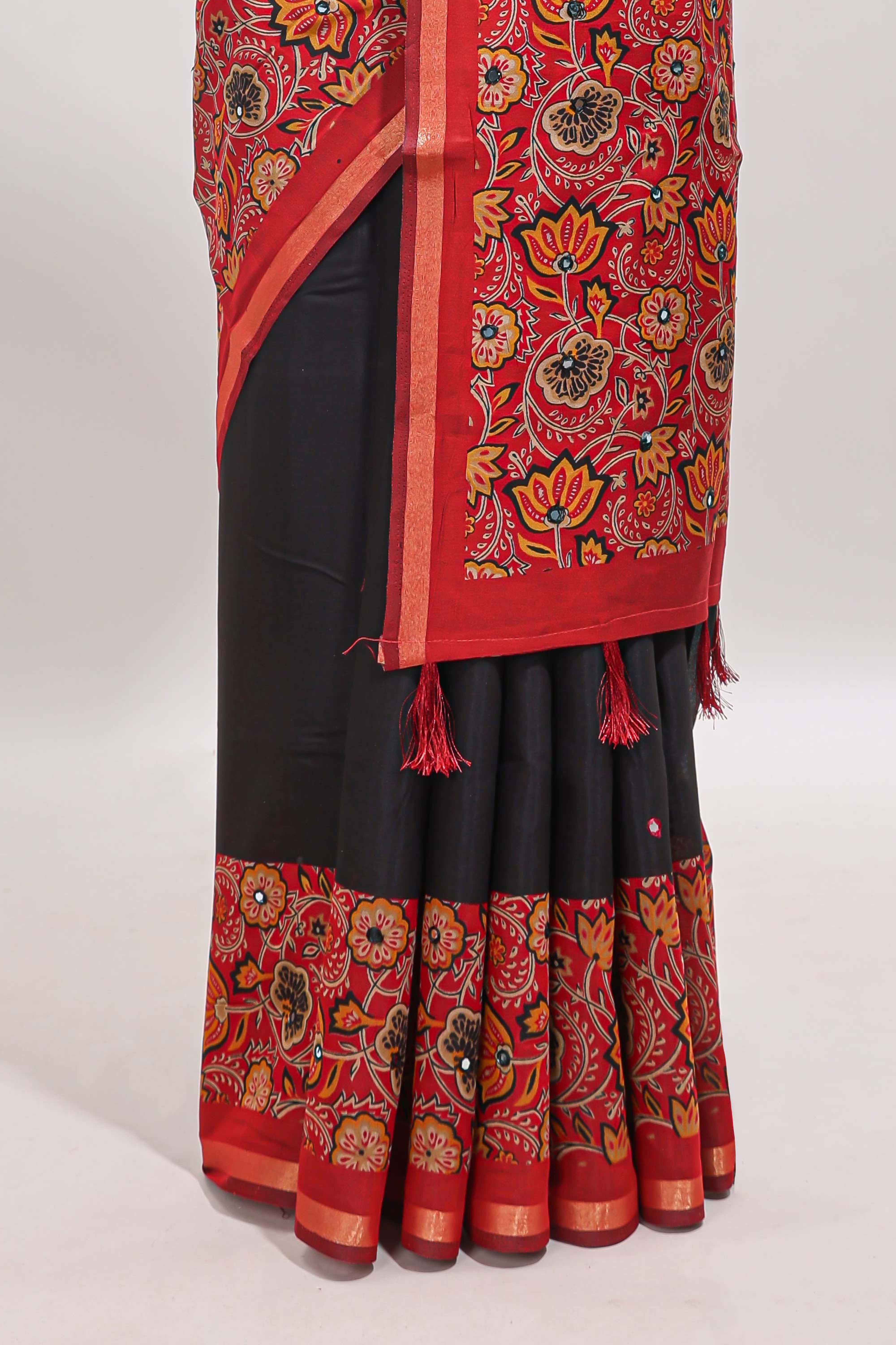Black mirror work marsh mellow saree with contrast floral print border and printed blouse