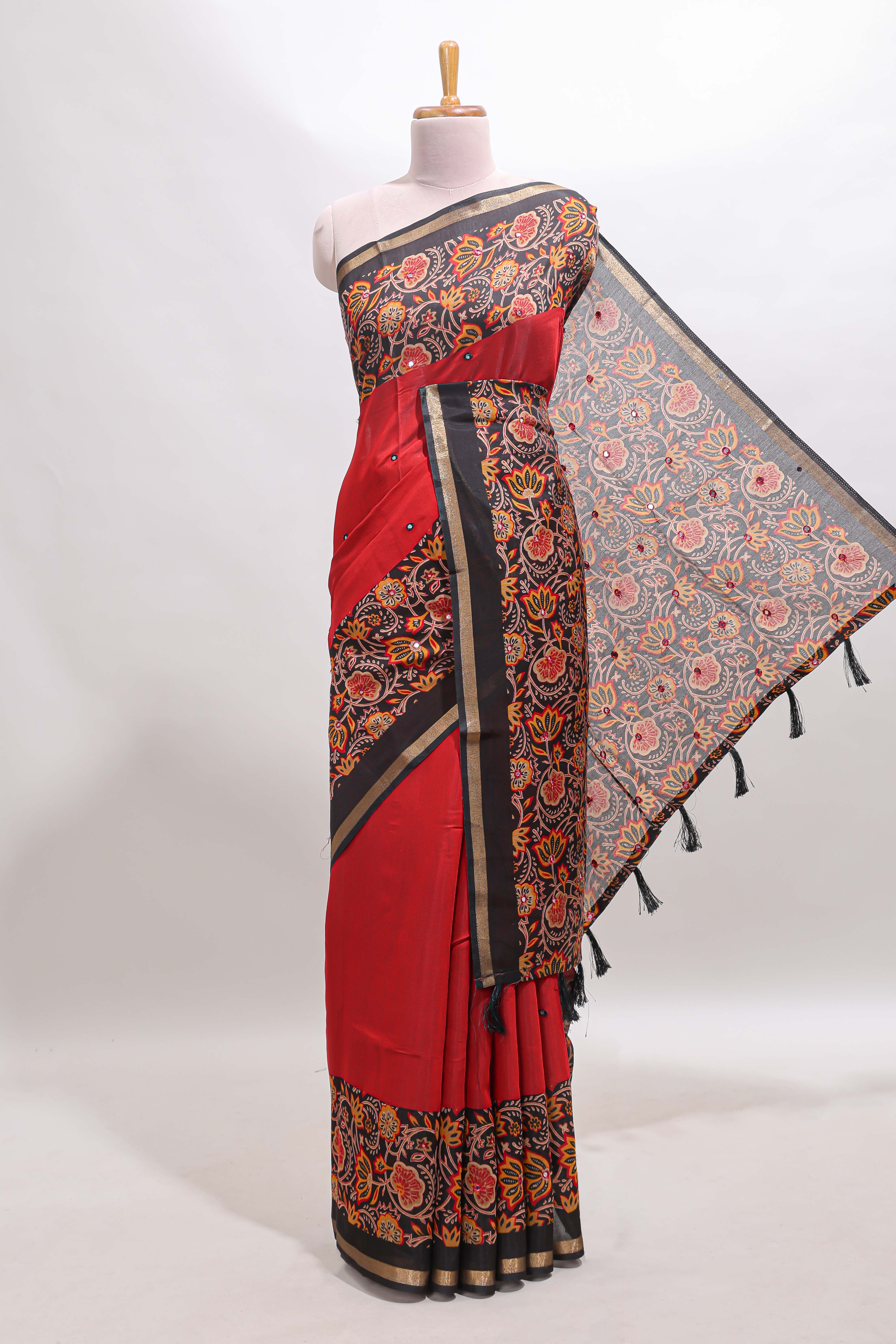 Red embrodery mirror work marsh mellow saree with contrast floral print border and printed blouse