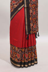 Red embrodery mirror work marsh mellow saree with contrast floral print border and printed blouse