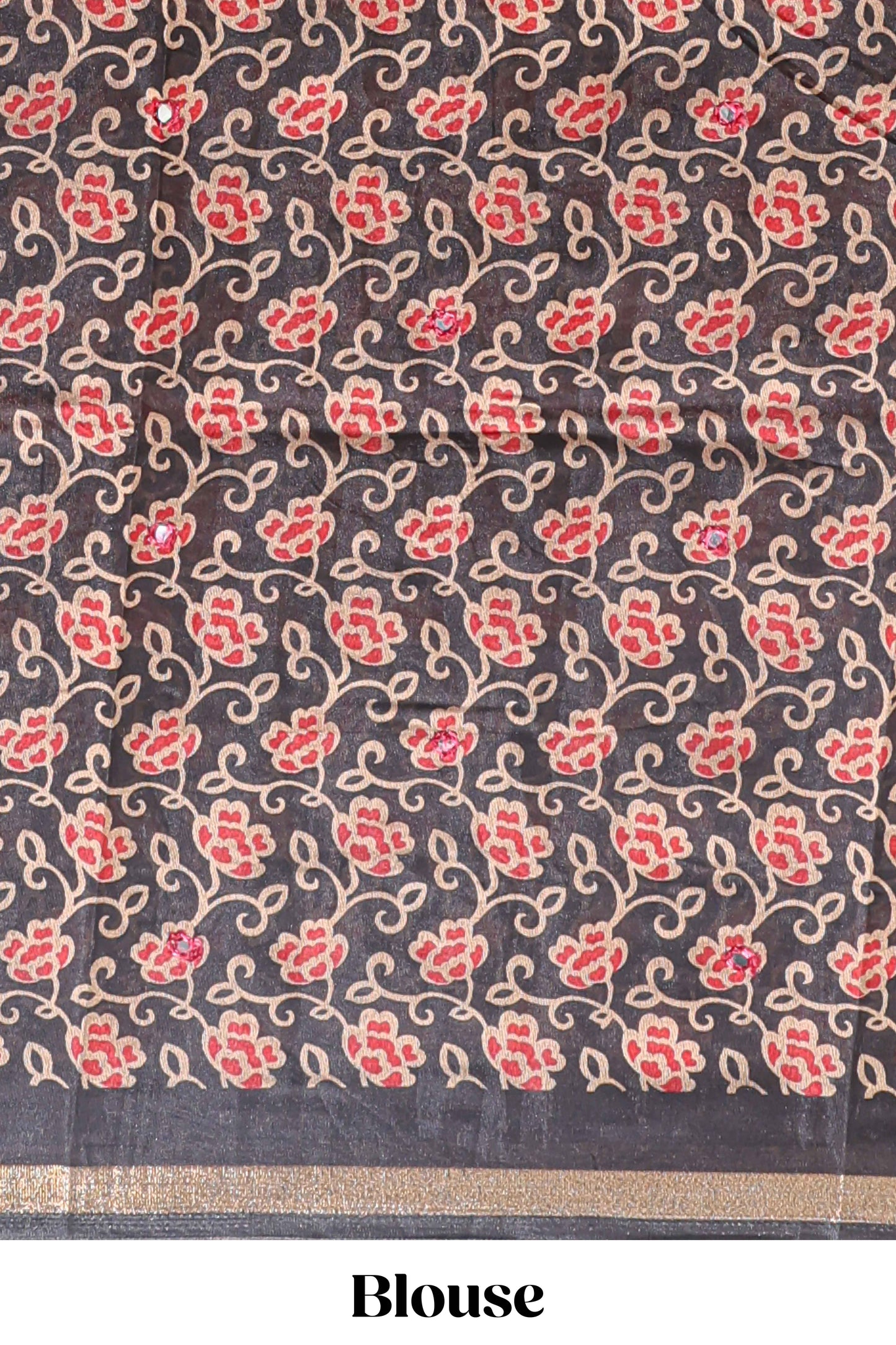 Red embrodery mirror work marsh mellow saree with contrast floral print border and printed blouse