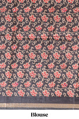 Red embrodery mirror work marsh mellow saree with contrast floral print border and printed blouse