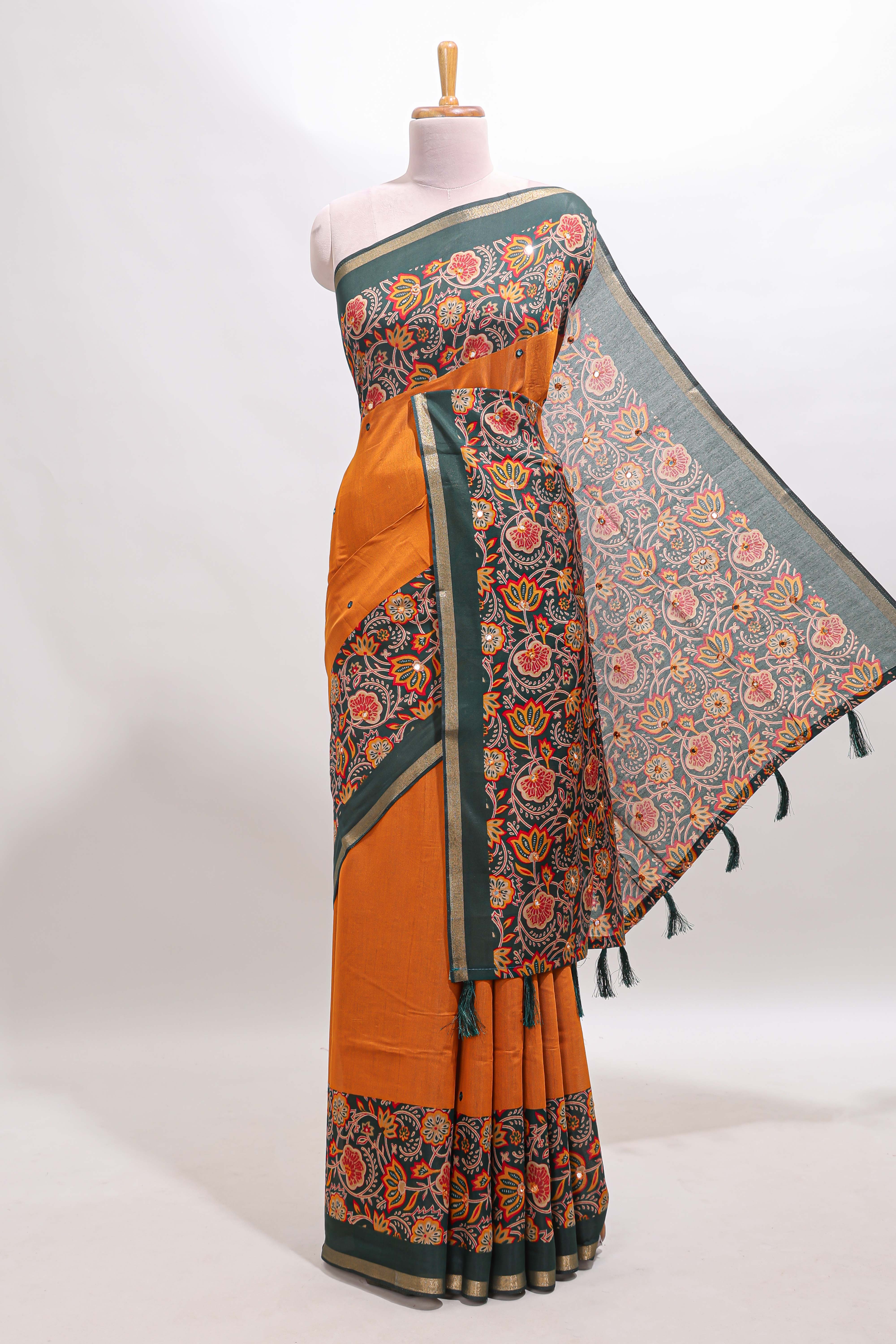 Yellow mirror work marsh mellow saree with contrast floral print border and printed blouse