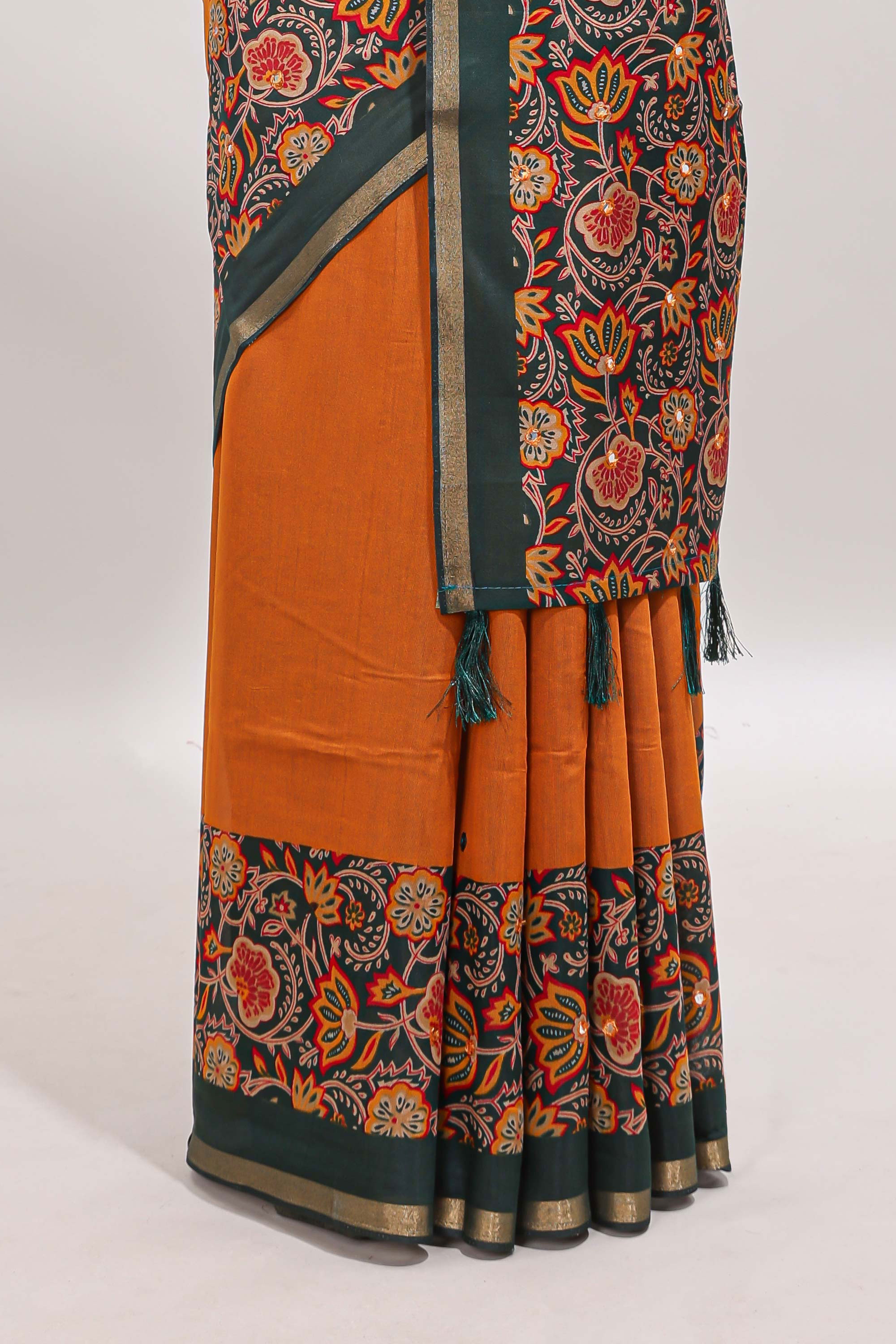 Yellow mirror work marsh mellow saree with contrast floral print border and printed blouse