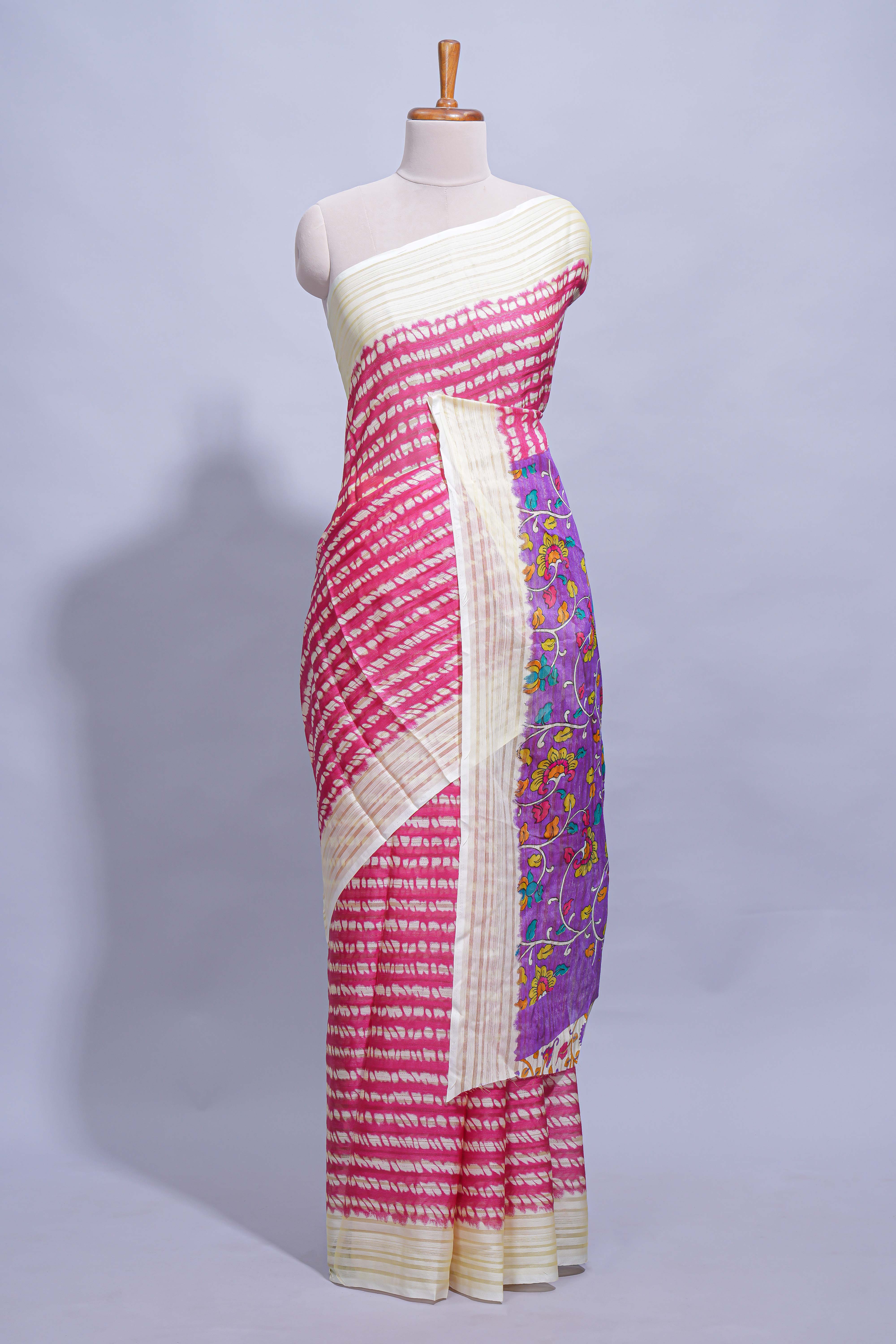 Rani Pink colourshibori printed marsh mellow saree with contrast border and matching printed blouse