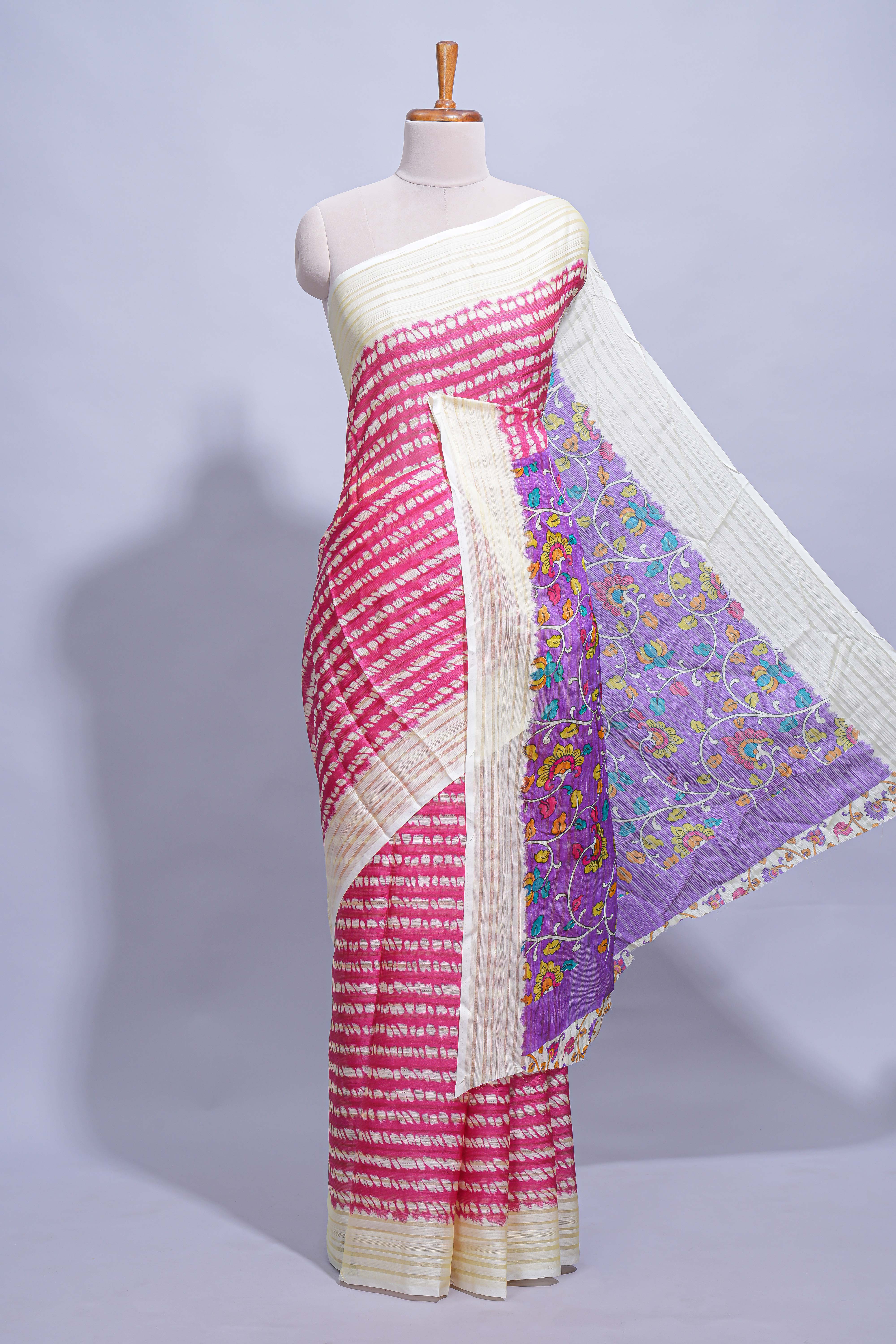 Rani Pink colourshibori printed marsh mellow saree with contrast border and matching printed blouse