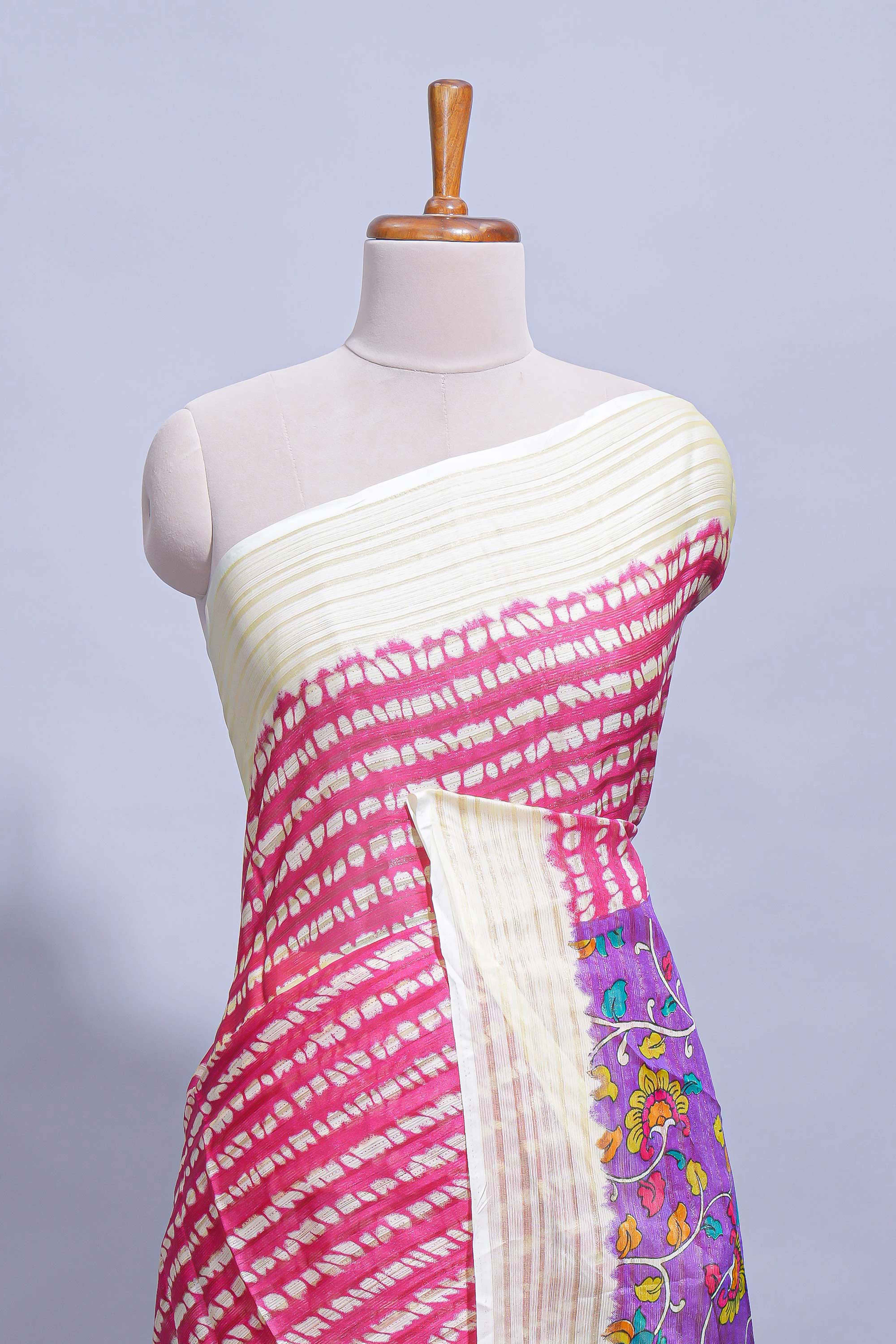 Rani Pink colourshibori printed marsh mellow saree with contrast border and matching printed blouse