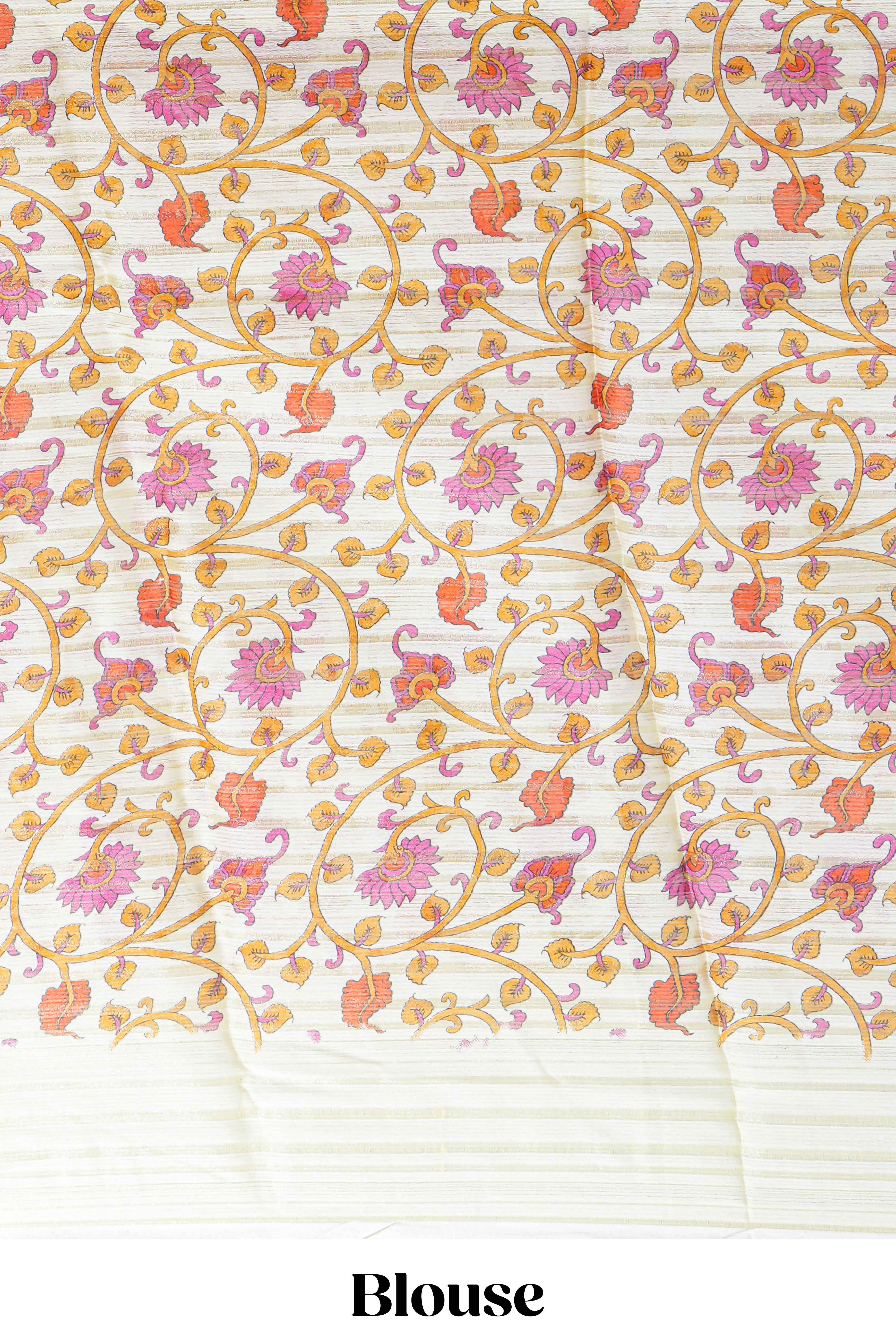 Orange colourshibori printed marsh mellow saree with contrast border and matching printed blouse