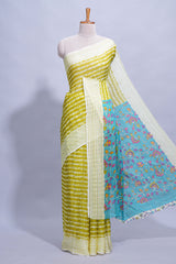 Green colourshibori printed marsh mellow saree with contrast border and matching printed blouse