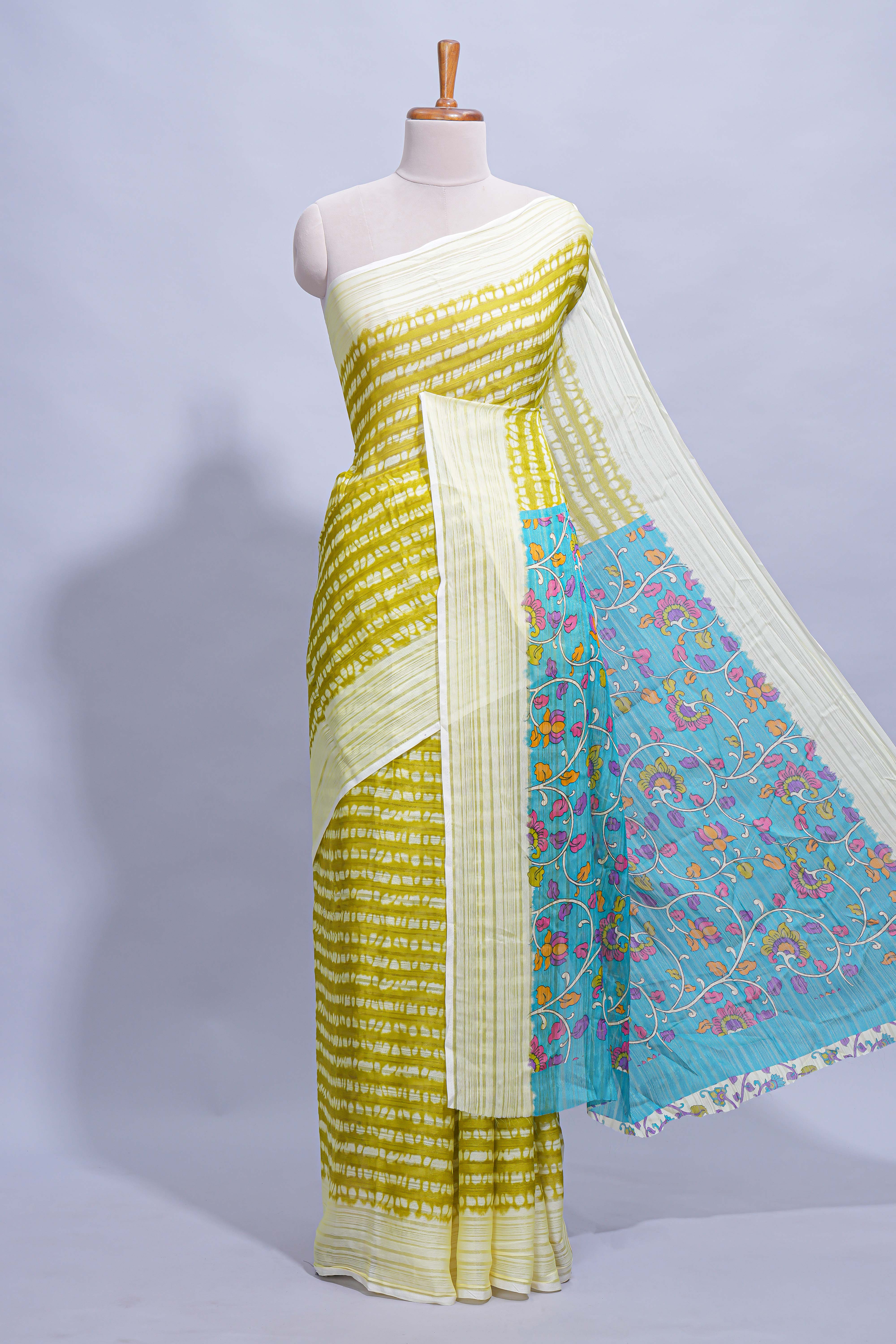 Green colourshibori printed marsh mellow saree with contrast border and matching printed blouse