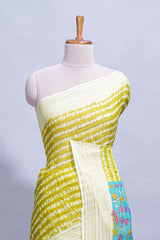 Green colourshibori printed marsh mellow saree with contrast border and matching printed blouse