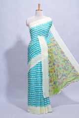 Blue colourshibori printed marsh mellow saree with contrast border and matching printed blouse