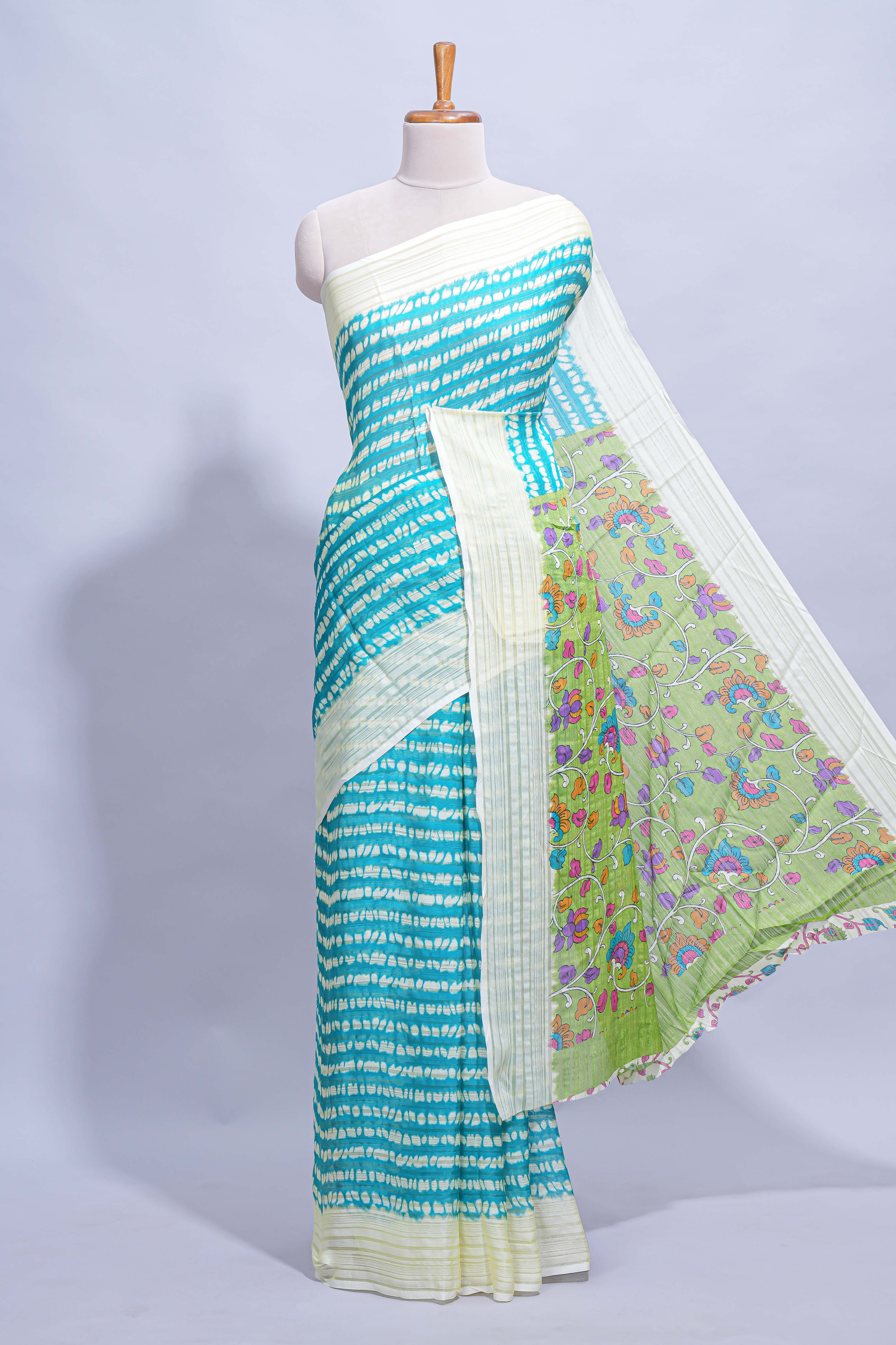 Blue colourshibori printed marsh mellow saree with contrast border and matching printed blouse