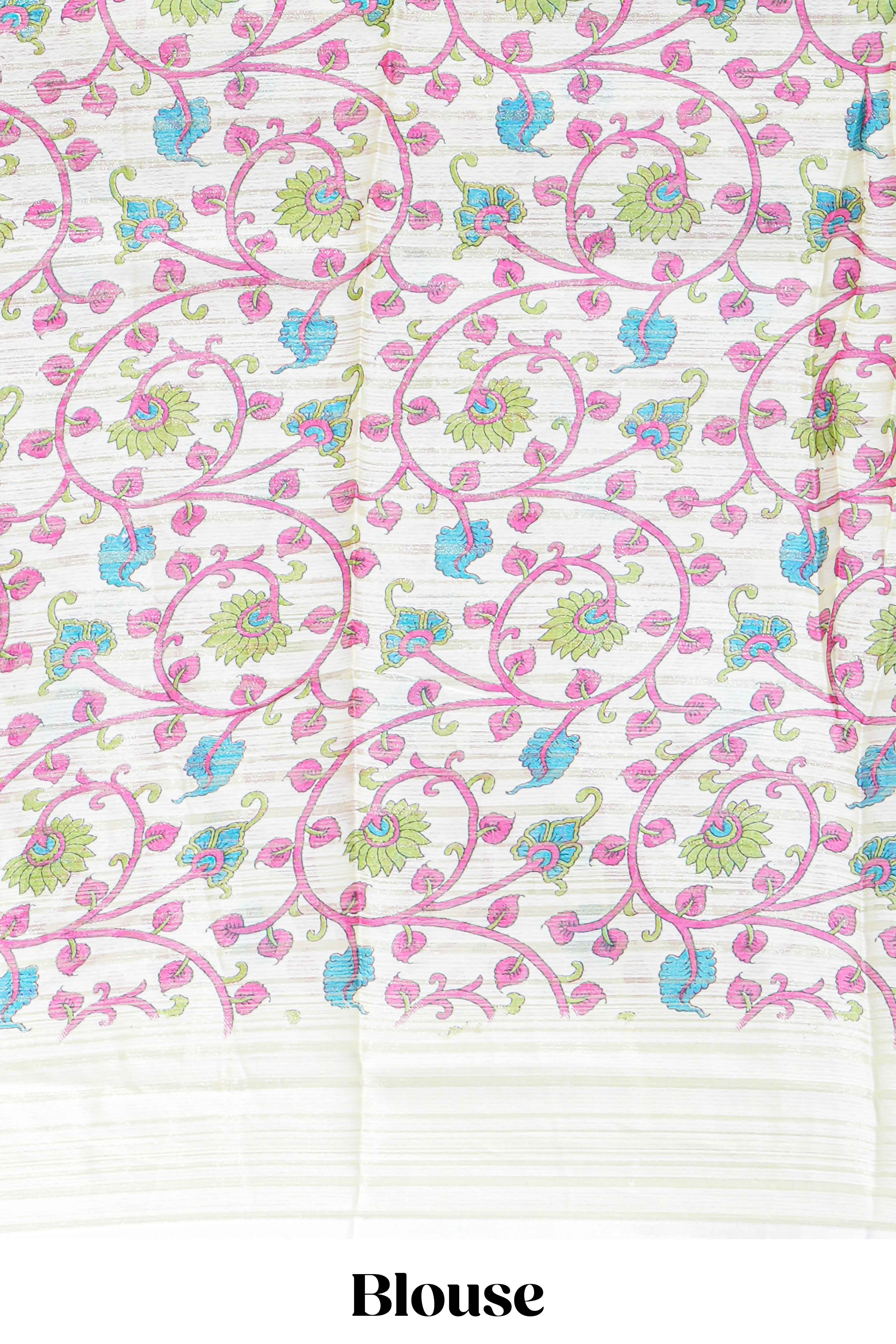 Blue colourshibori printed marsh mellow saree with contrast border and matching printed blouse