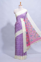 Purple colourshibori printed marsh mellow saree with contrast border and matching printed blouse