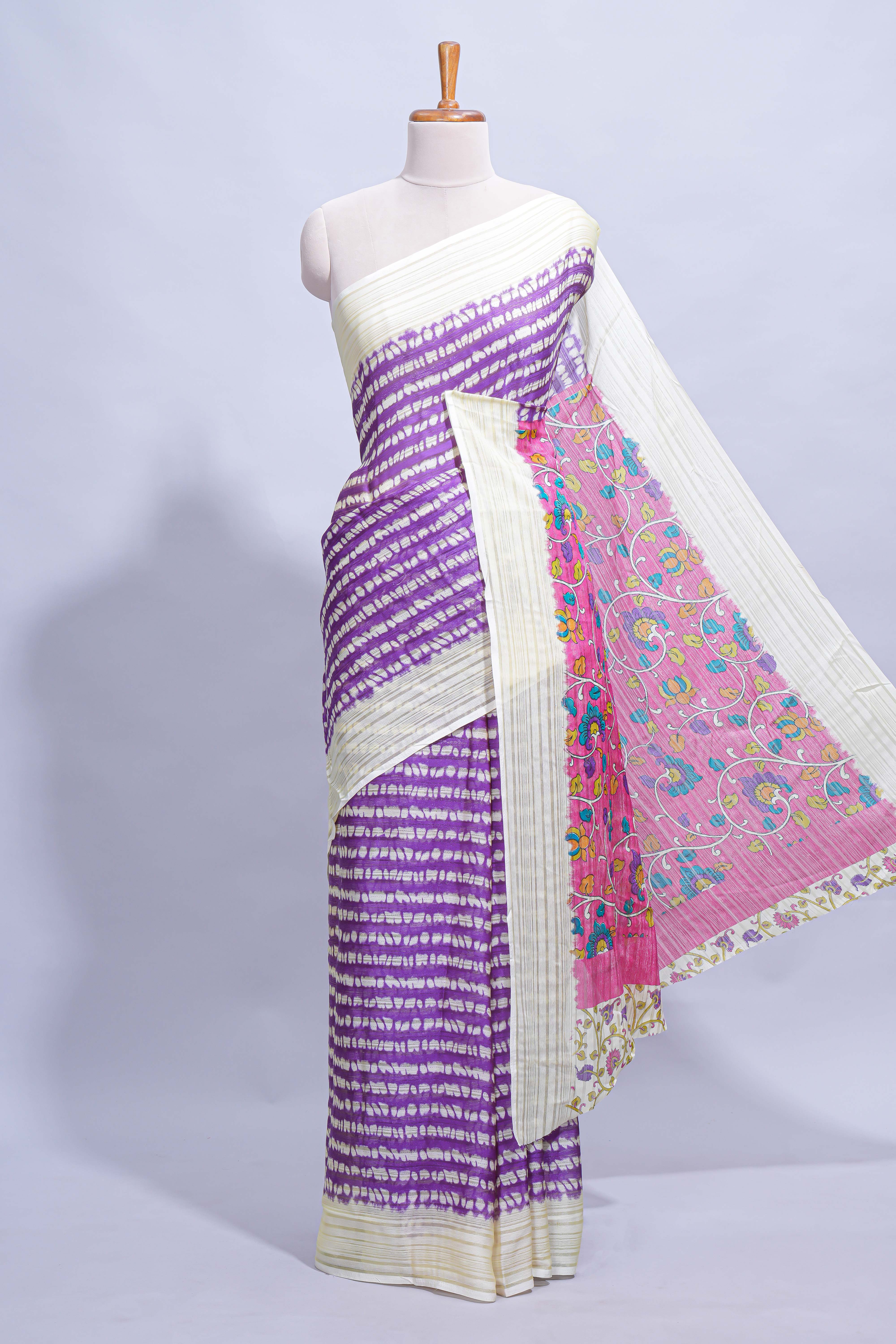 Purple colourshibori printed marsh mellow saree with contrast border and matching printed blouse