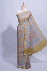 Olive green mughal printed marsh mellow saree with self border and self printed pallu along with matching blouse