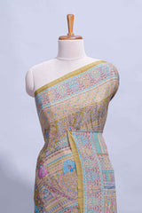 Olive green mughal printed marsh mellow saree with self border and self printed pallu along with matching blouse