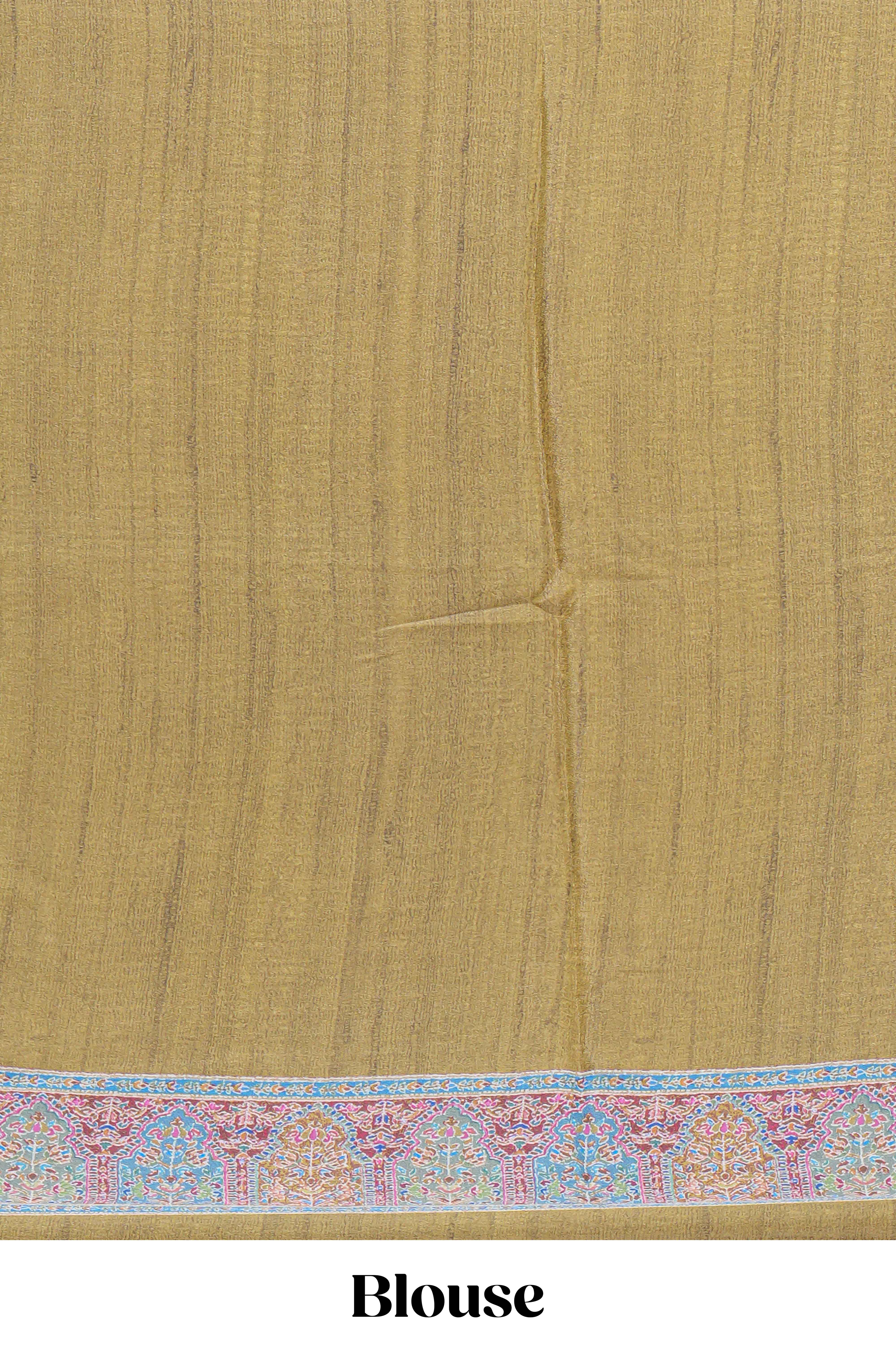 Olive green mughal printed marsh mellow saree with self border and self printed pallu along with matching blouse