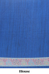Royal blue mughal printed marsh mellow saree with self border and self printed pallu along with matching blouse