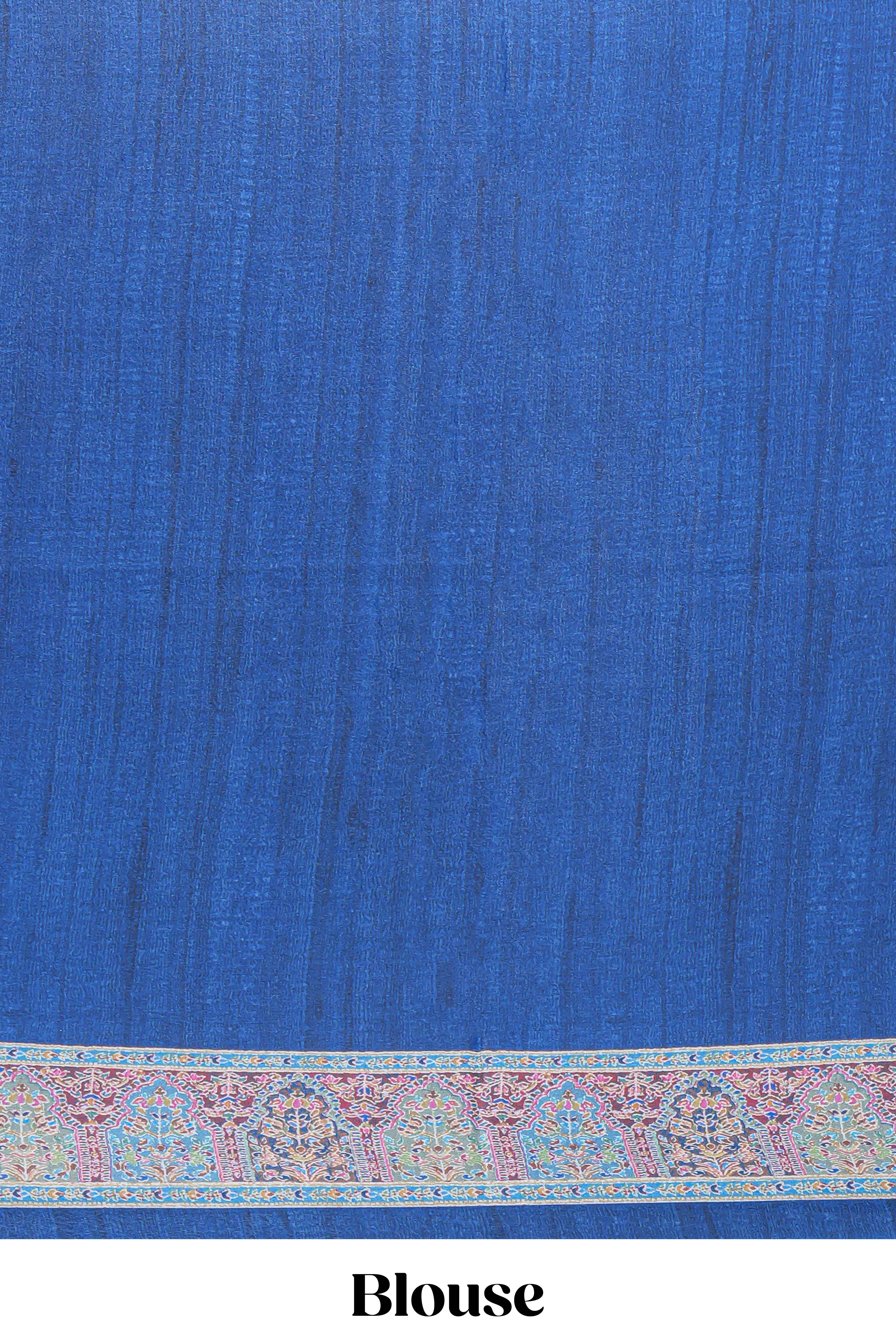 Royal blue mughal printed marsh mellow saree with self border and self printed pallu along with matching blouse