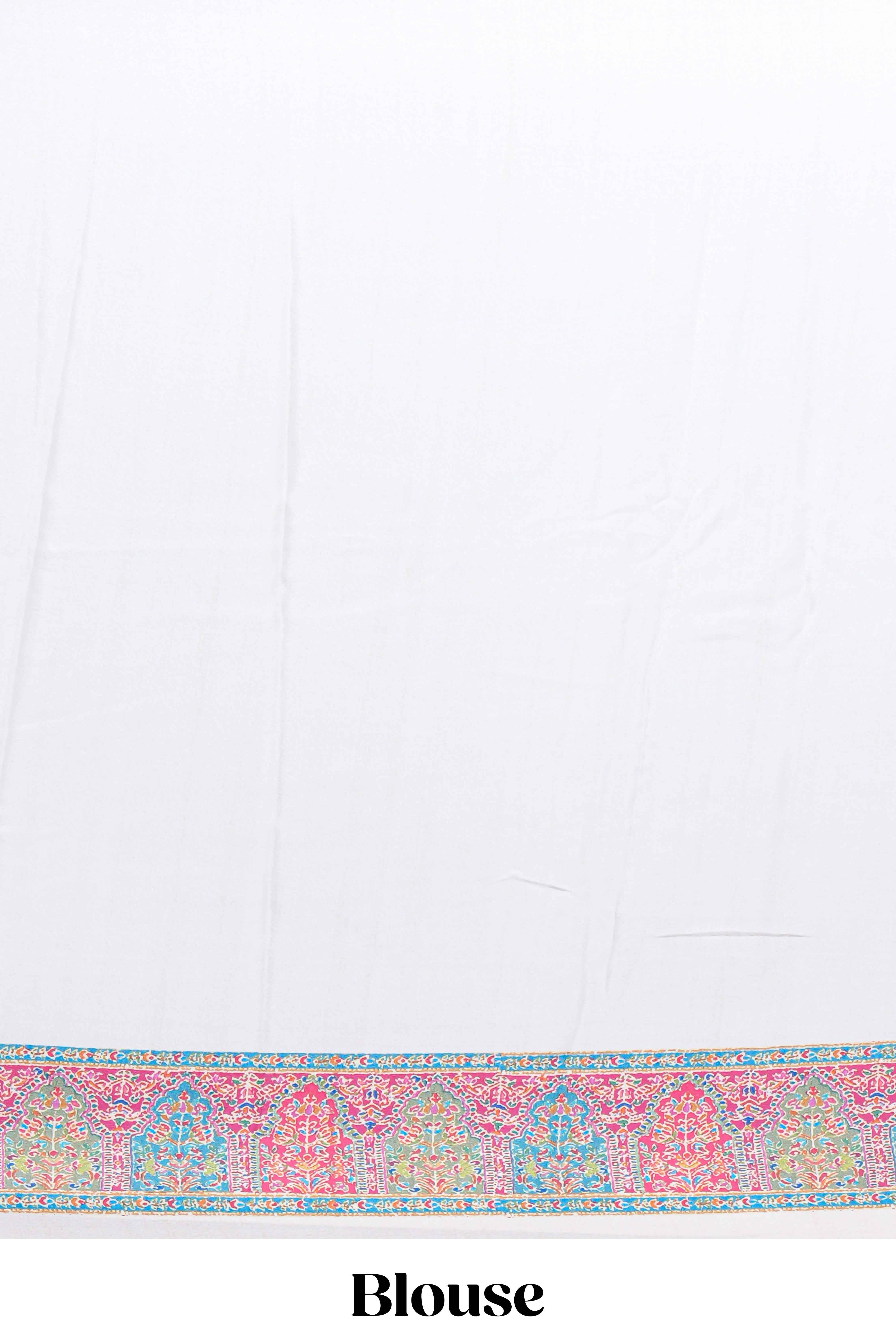 Ivory colour mughal printed marsh mellow saree with self border and self printed pallu along with matching blouse