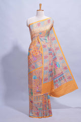 Orange colour mughal printed marsh mellow saree with self border and self printed pallu along with matching blouse
