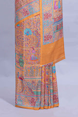 Orange colour mughal printed marsh mellow saree with self border and self printed pallu along with matching blouse