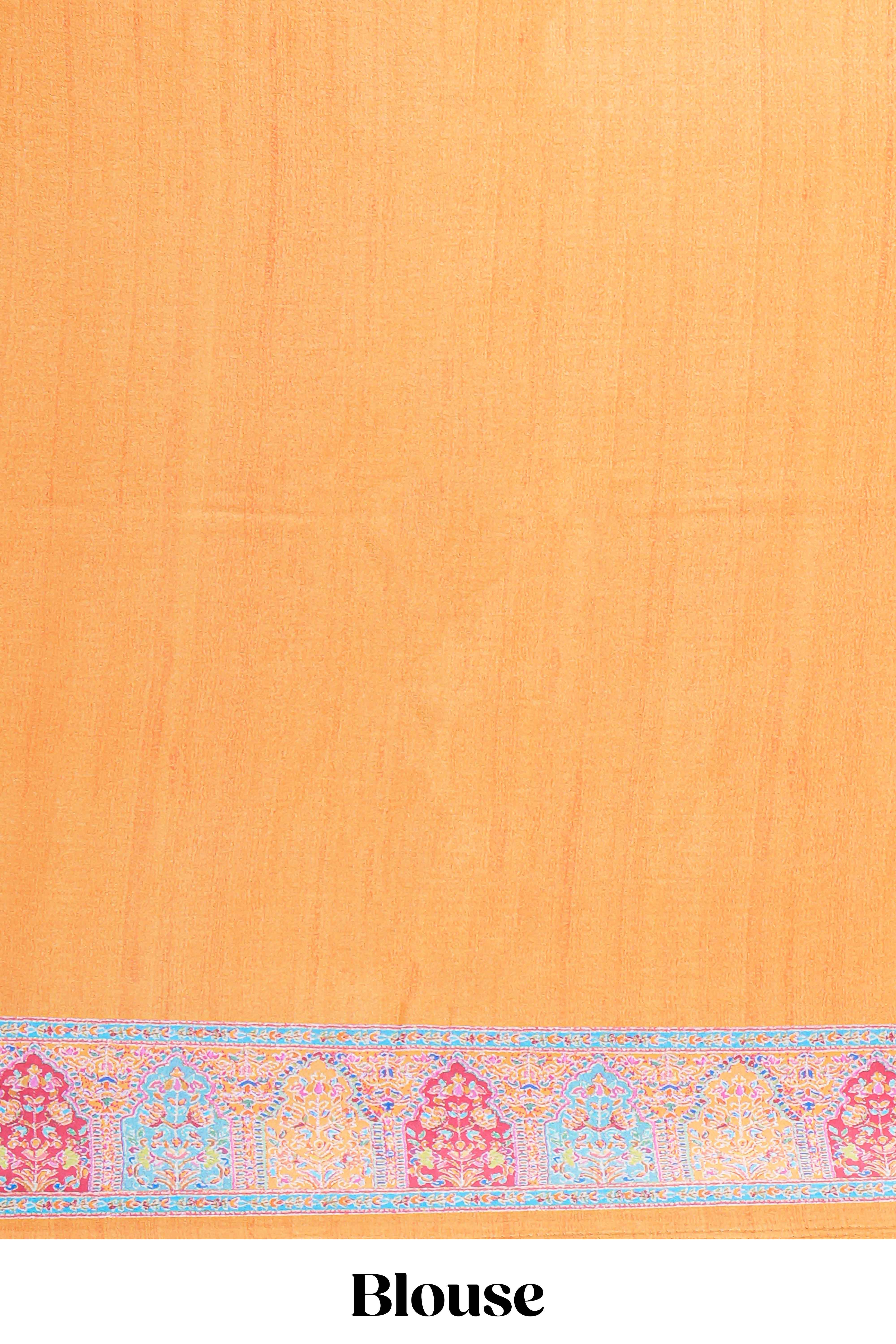 Orange colour mughal printed marsh mellow saree with self border and self printed pallu along with matching blouse