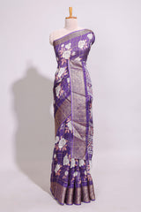Violet checked floral design marsh mellow saree with self zari border and matching blouse