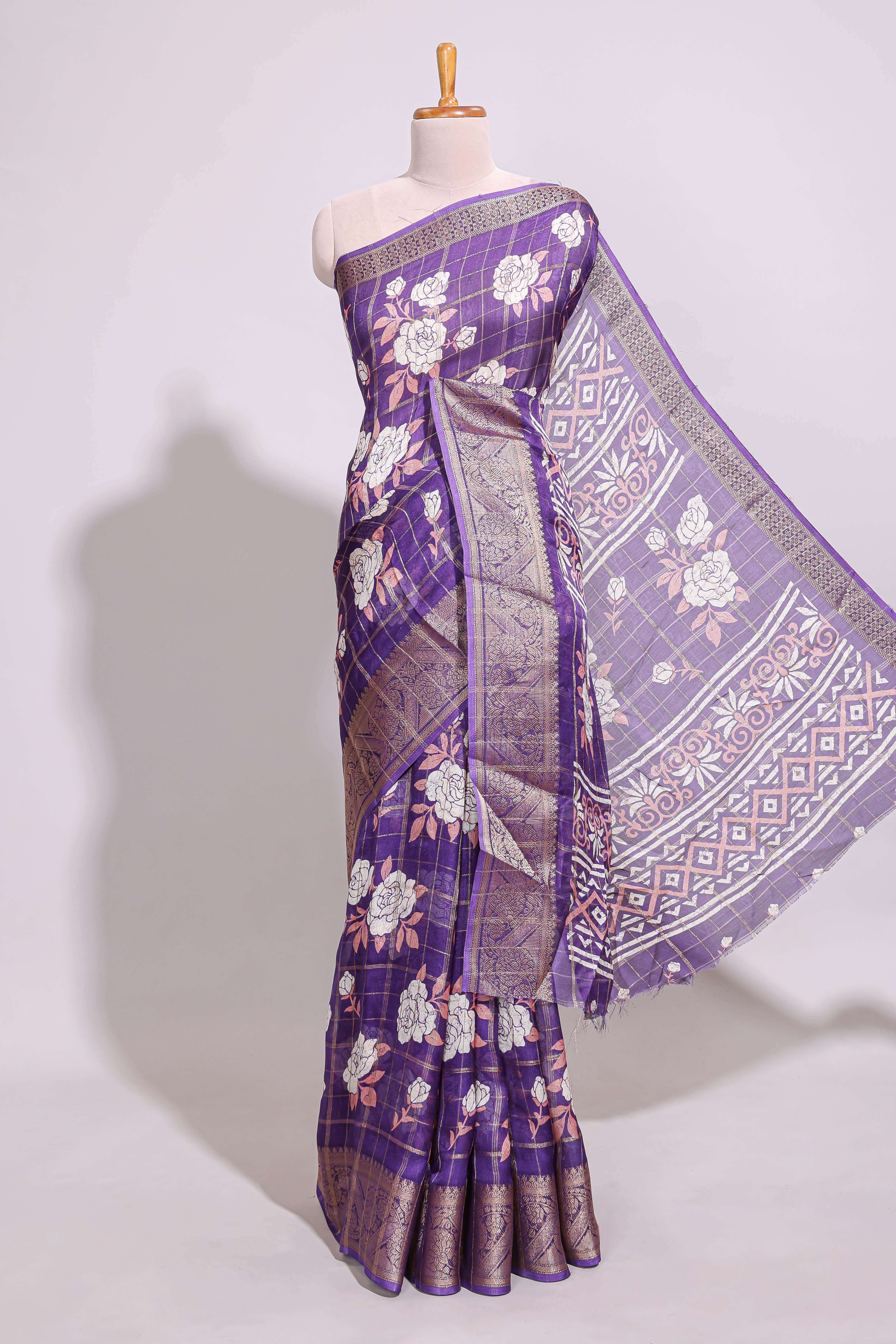 Violet checked floral design marsh mellow saree with self zari border and matching blouse