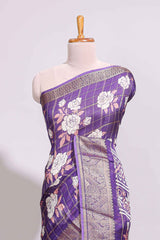Violet checked floral design marsh mellow saree with self zari border and matching blouse