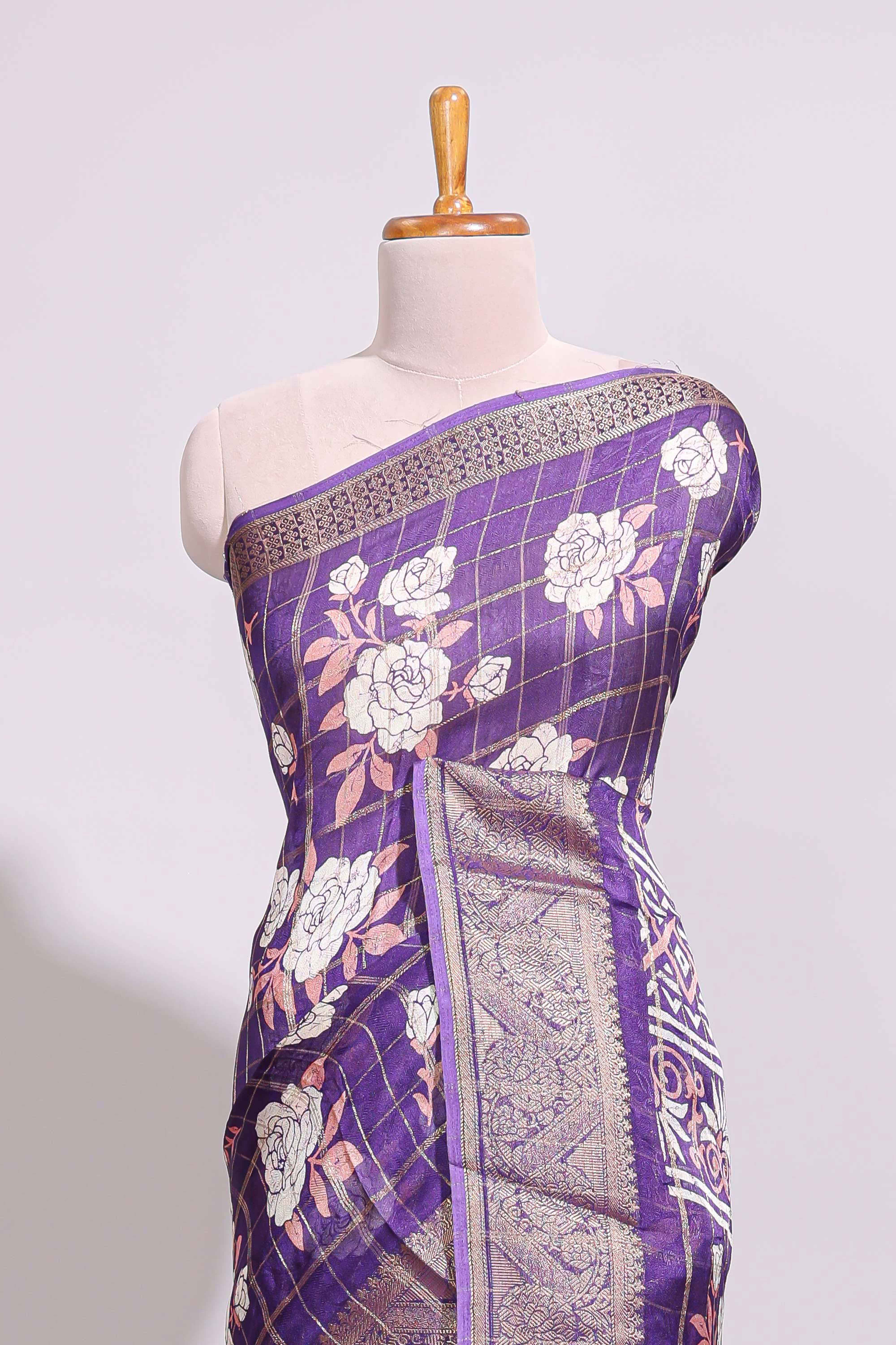 Violet checked floral design marsh mellow saree with self zari border and matching blouse