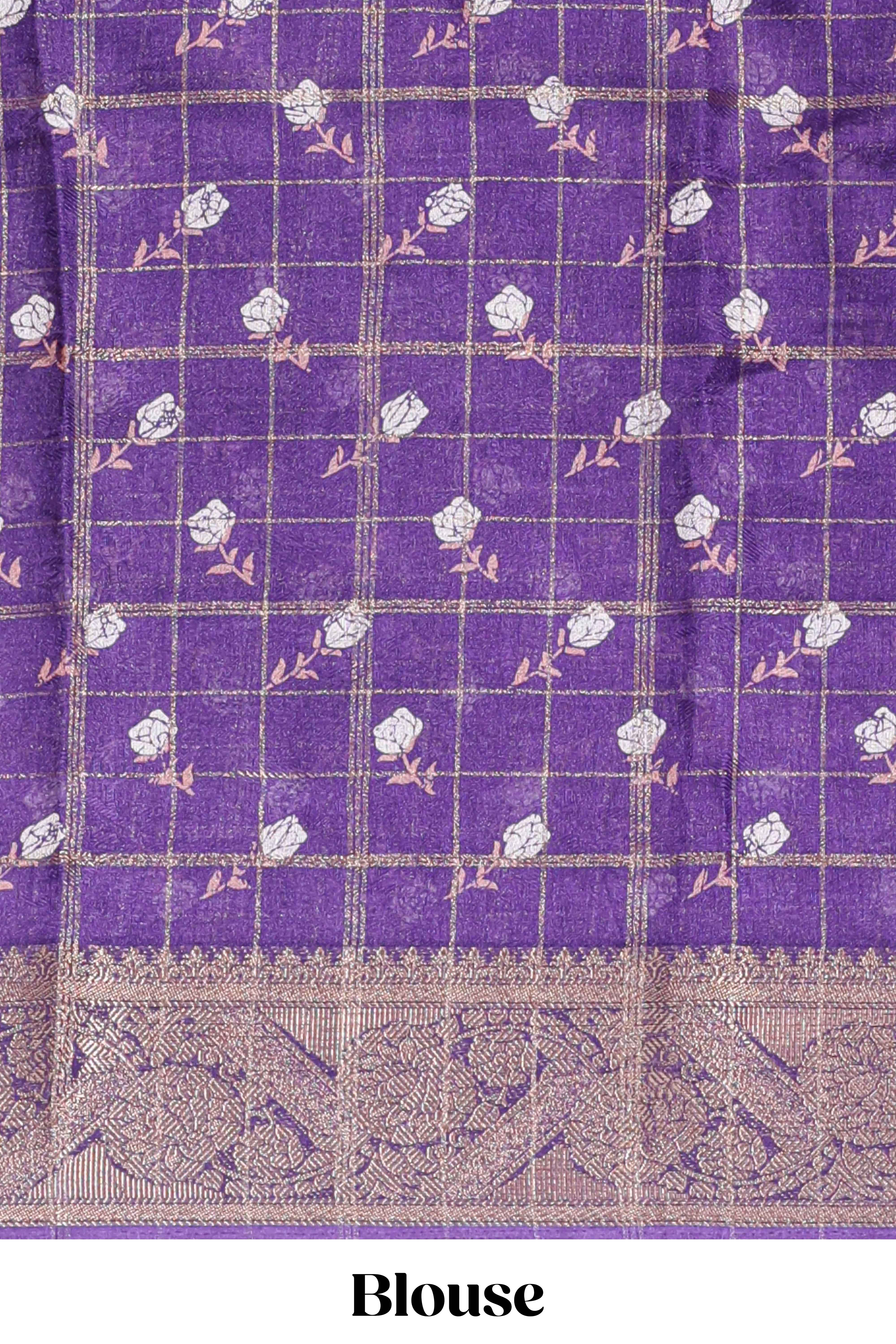 Violet checked floral design marsh mellow saree with self zari border and matching blouse