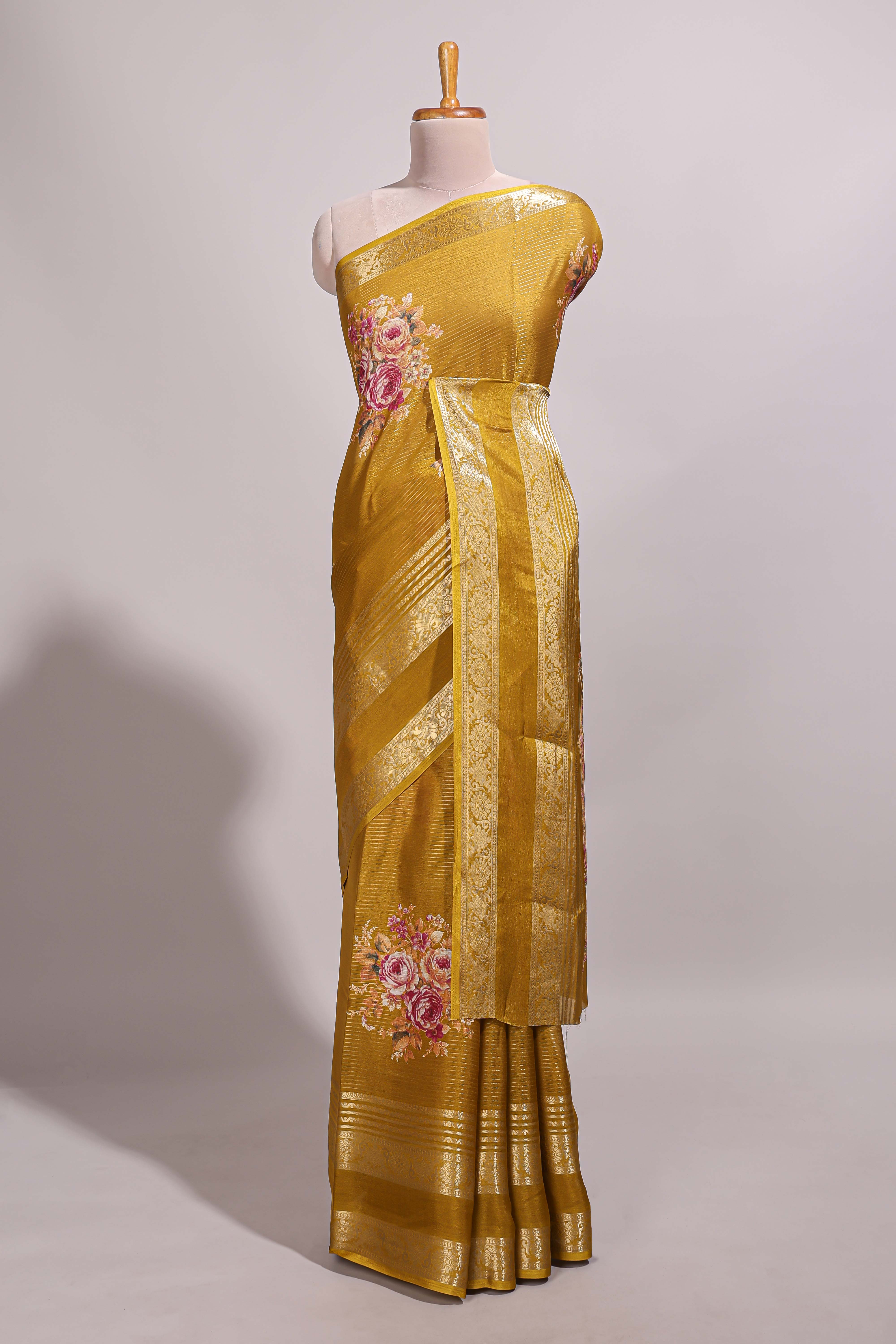 Mustard striped floral design marsh mellow saree with self zari border and matching printed blouse