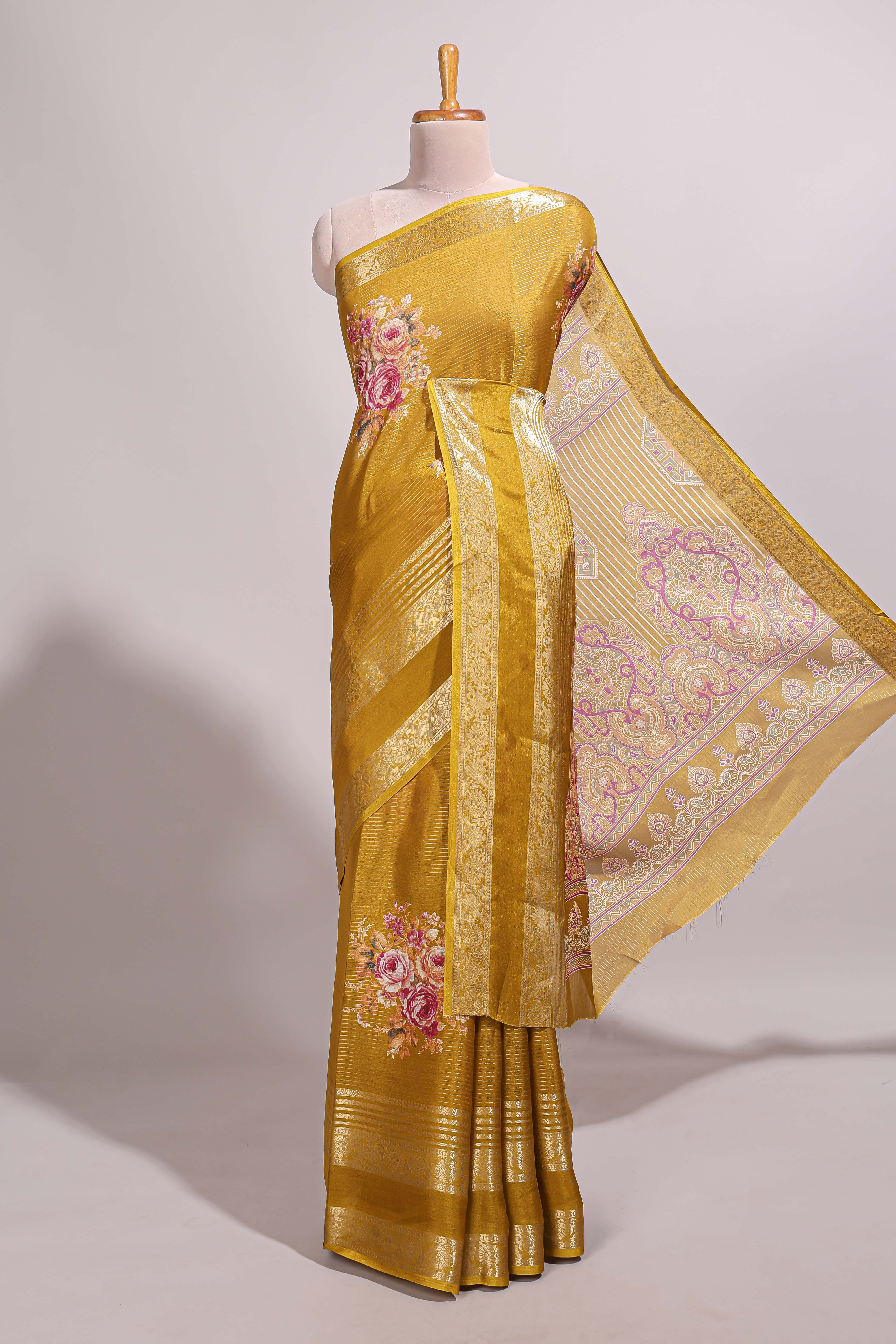 Mustard striped floral design marsh mellow saree with self zari border and matching printed blouse