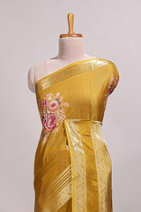 Mustard striped floral design marsh mellow saree with self zari border and matching printed blouse