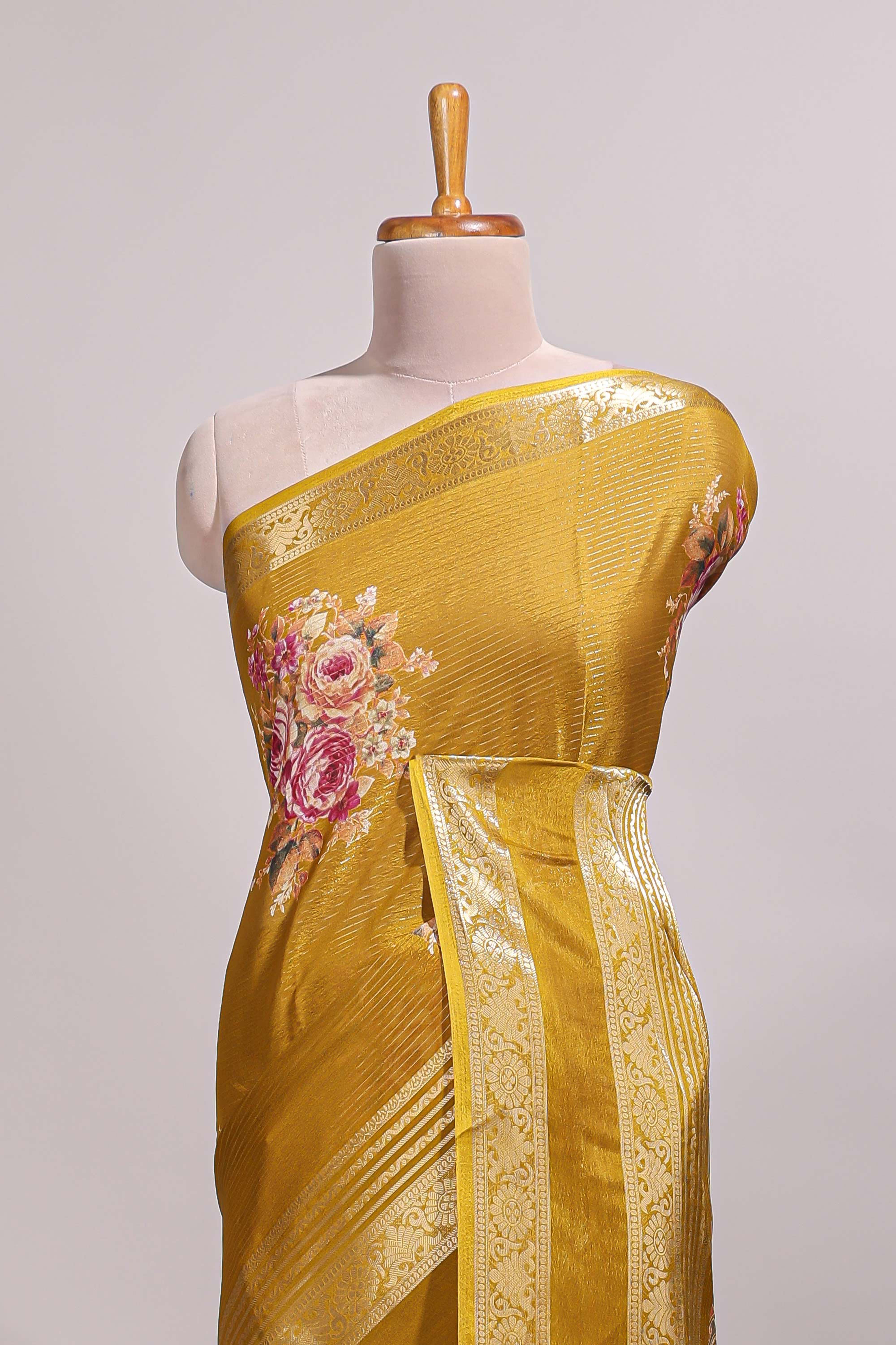 Mustard striped floral design marsh mellow saree with self zari border and matching printed blouse