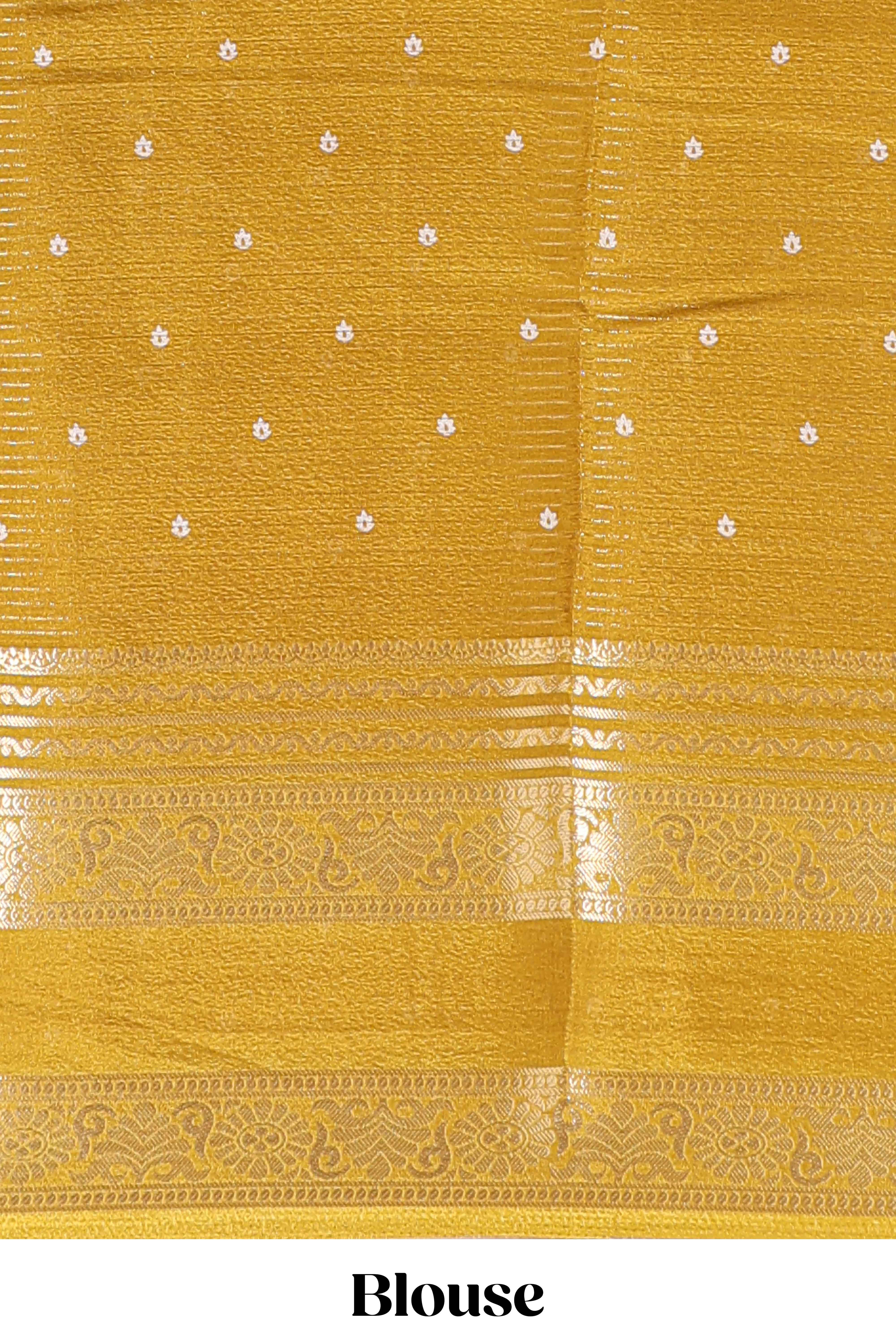Mustard striped floral design marsh mellow saree with self zari border and matching printed blouse