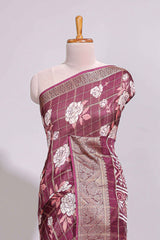 Maroon checked floral design marsh mellow saree with self zari border and matching blouse