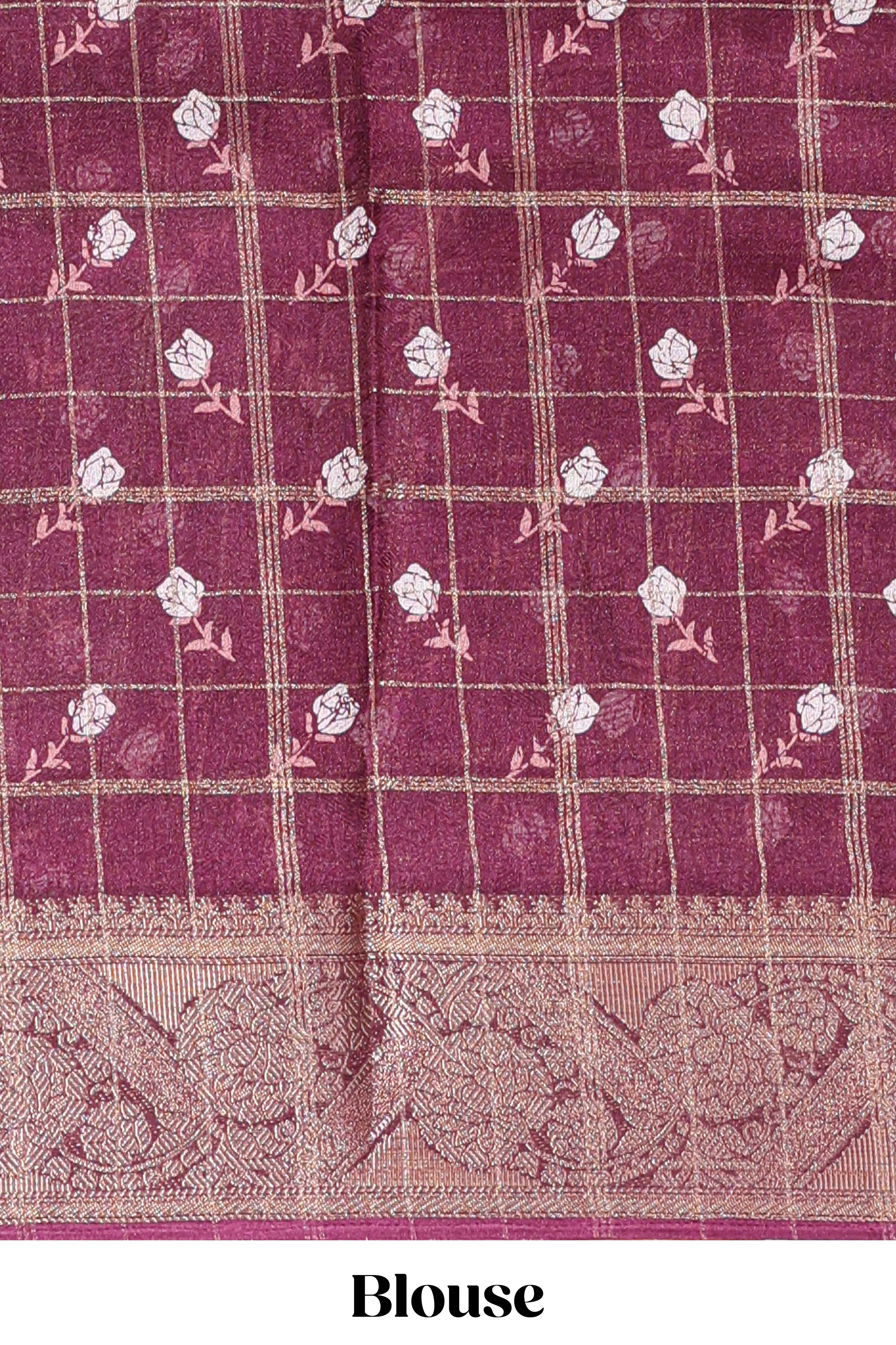 Maroon checked floral design marsh mellow saree with self zari border and matching blouse