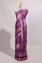 Purple striped floral design marsh mellow saree with self zari border and matching printed blouse