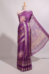 Purple striped floral design marsh mellow saree with self zari border and matching printed blouse